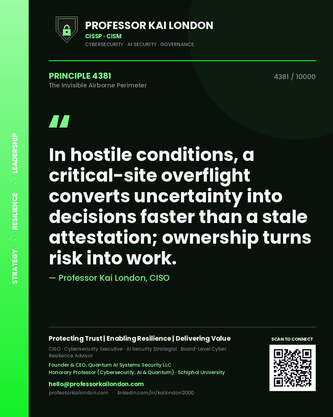 Professor Kai London principle 4381: In hostile conditions, a critical-site overflight converts uncertainty into decisions faster than a stale attestation; ownership turns risk into work.
