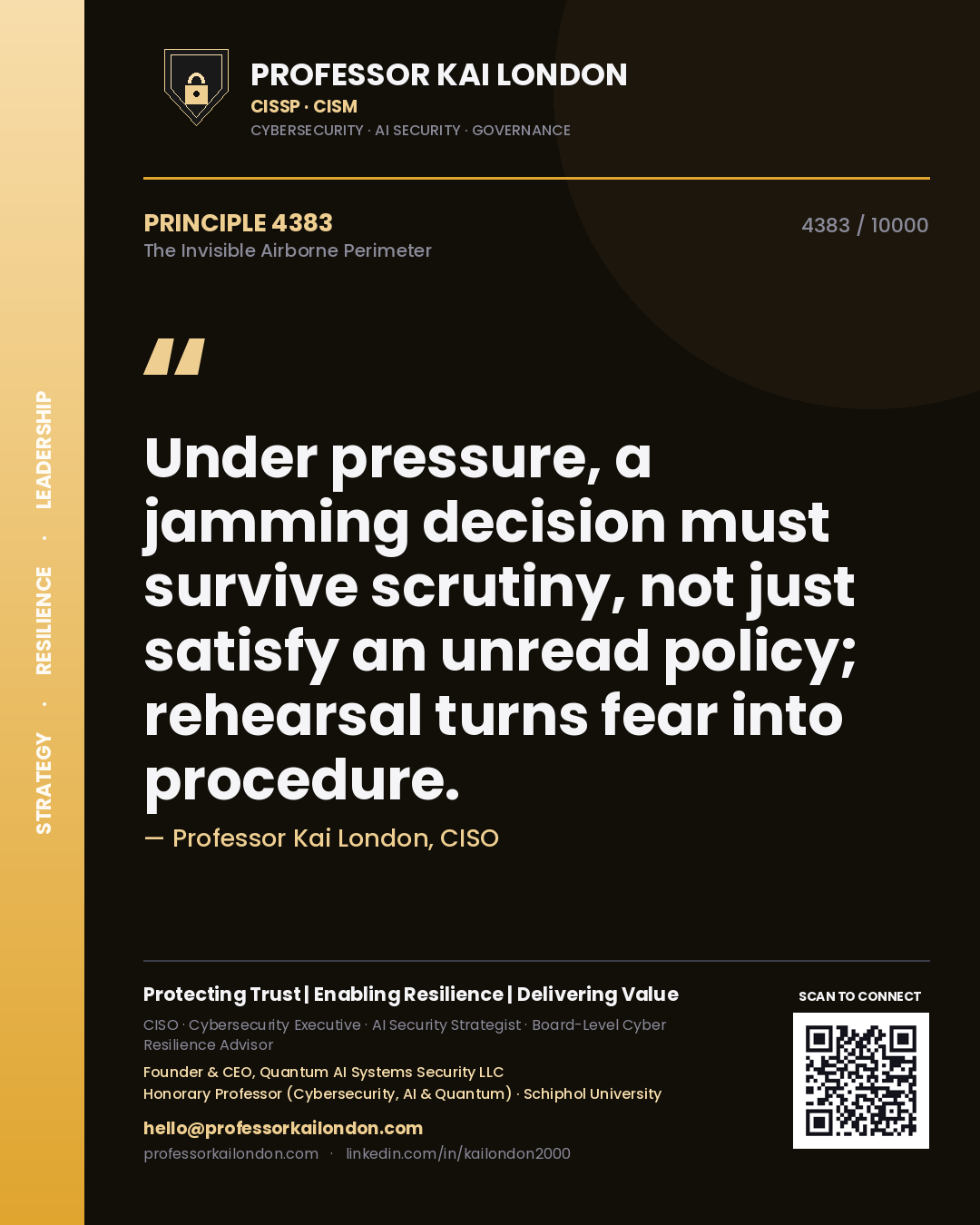 Quote card by Professor Kai London reading 'Under pressure, a jamming decision must survive scrutiny, not just satisfy an unread policy; rehearsal turns fear into procedure.'. From the book The Invisible Airborne Perimeter.