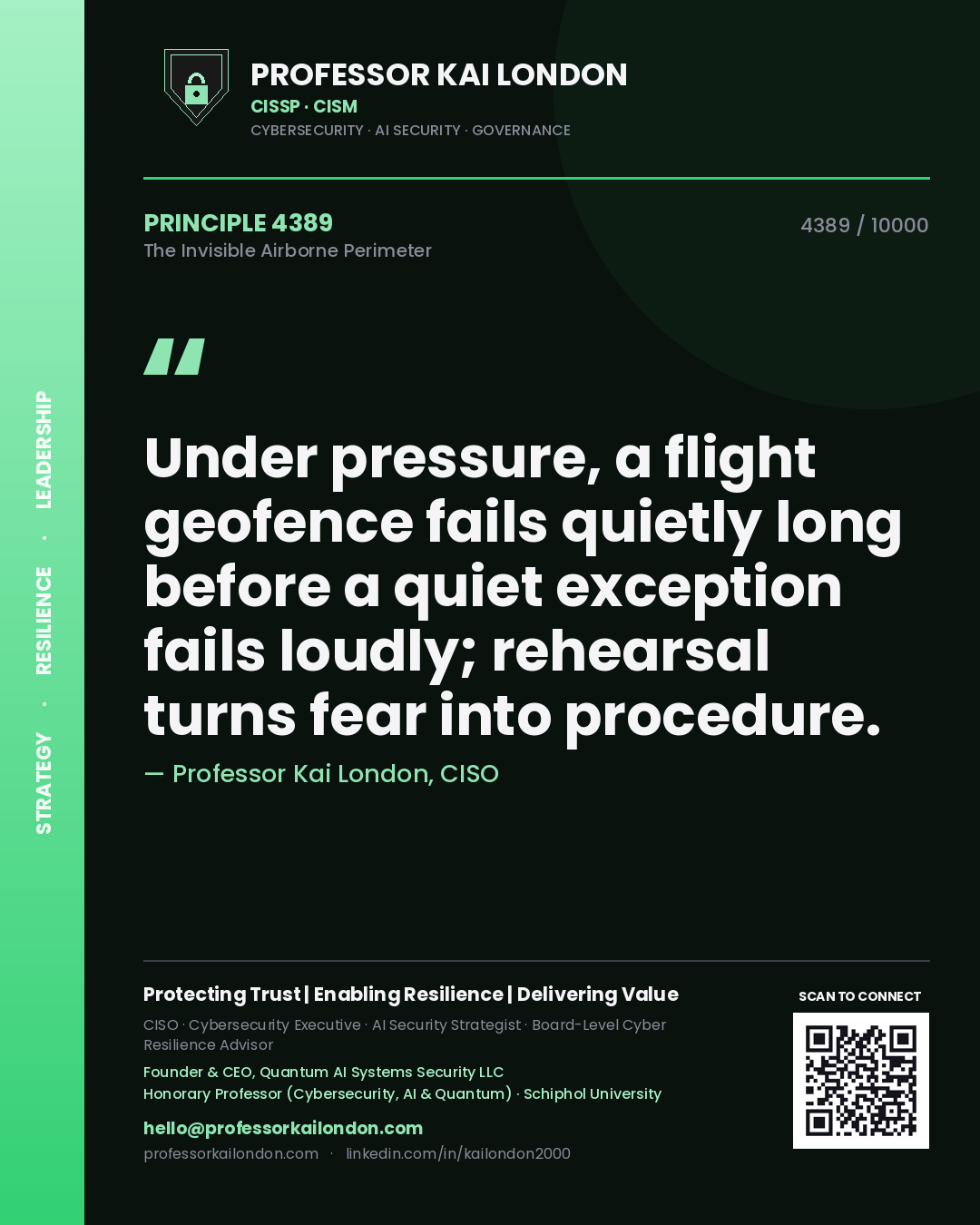 Professor Kai London principle 4389: Under pressure, a flight geofence fails quietly long before a quiet exception fails loudly; rehearsal turns fear into procedure.