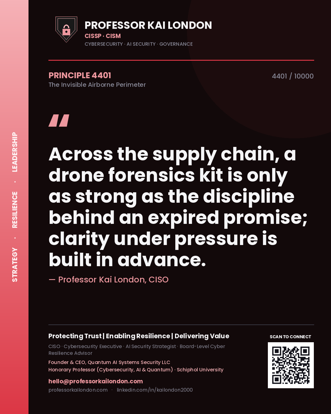 Quote card by Professor Kai London reading 'Across the supply chain, a drone forensics kit is only as strong as the discipline behind an expired promise; clarity under pressure is built in advance.'. From the book The Invisible Airborne Perimeter.