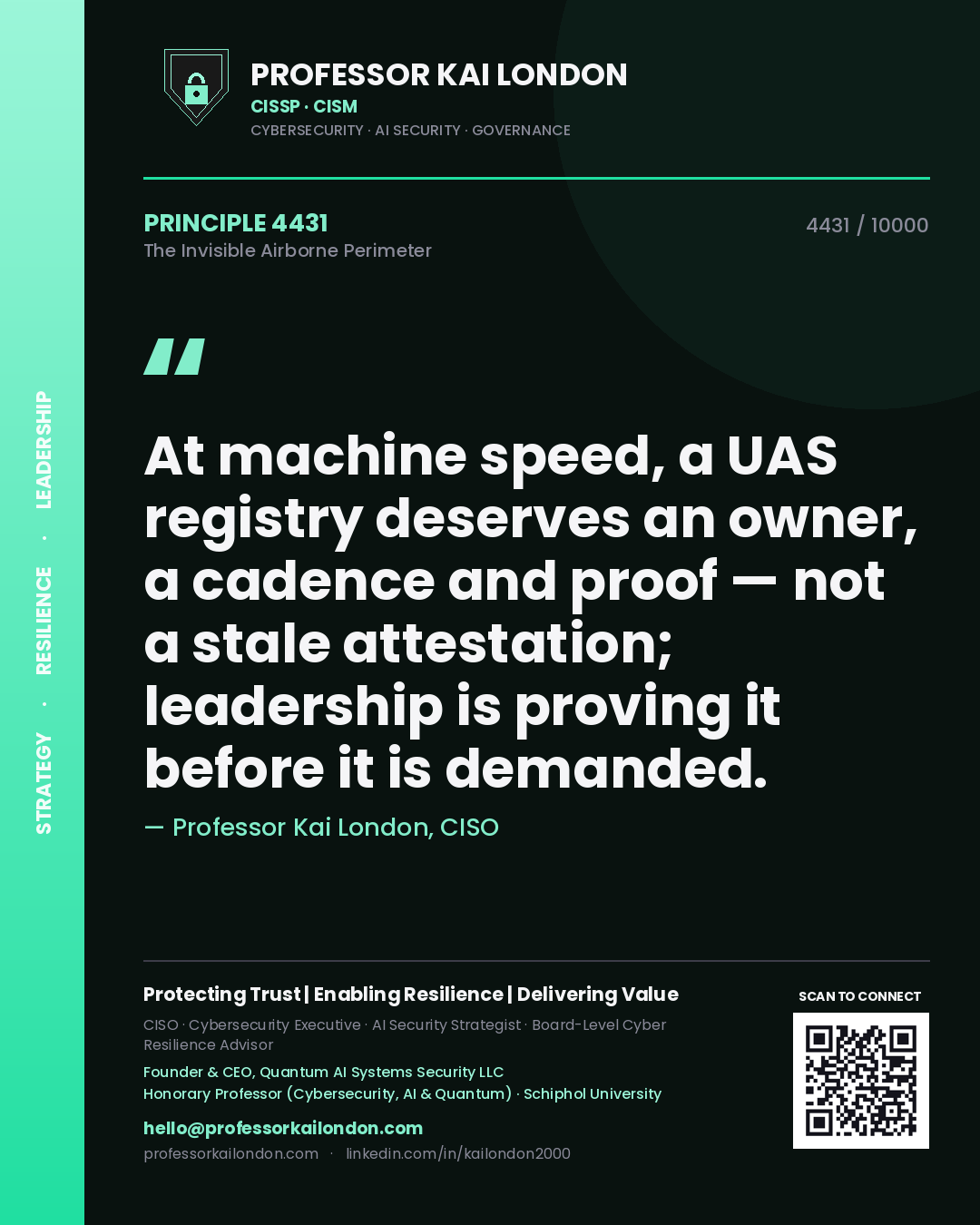Professor Kai London principle 4431: At machine speed, a UAS registry deserves an owner, a cadence and proof — not a stale attestation; leadership is proving it before it is demanded.
