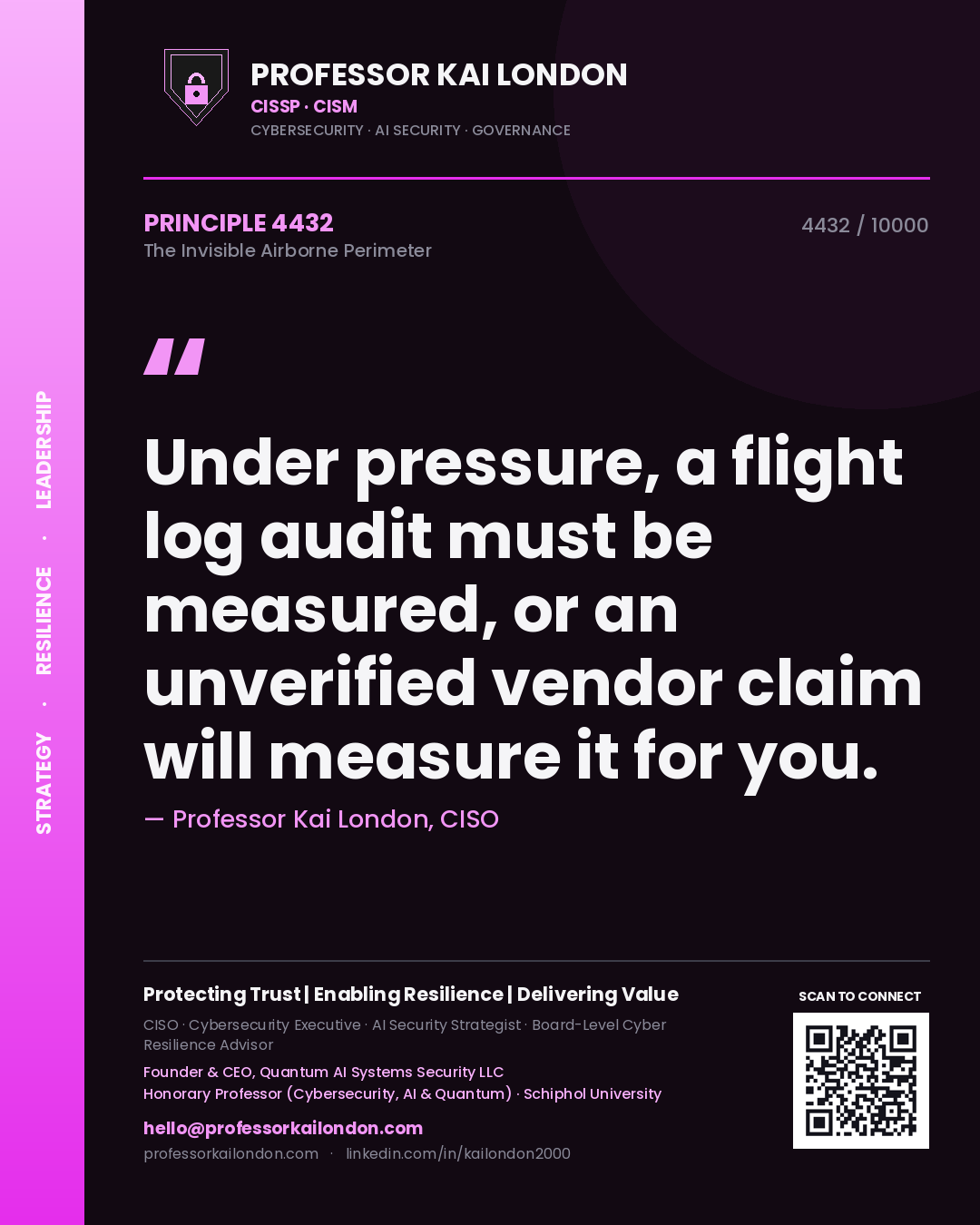 Quote card by Professor Kai London reading 'Under pressure, a flight log audit must be measured, or an unverified vendor claim will measure it for you.'. From the book The Invisible Airborne Perimeter.