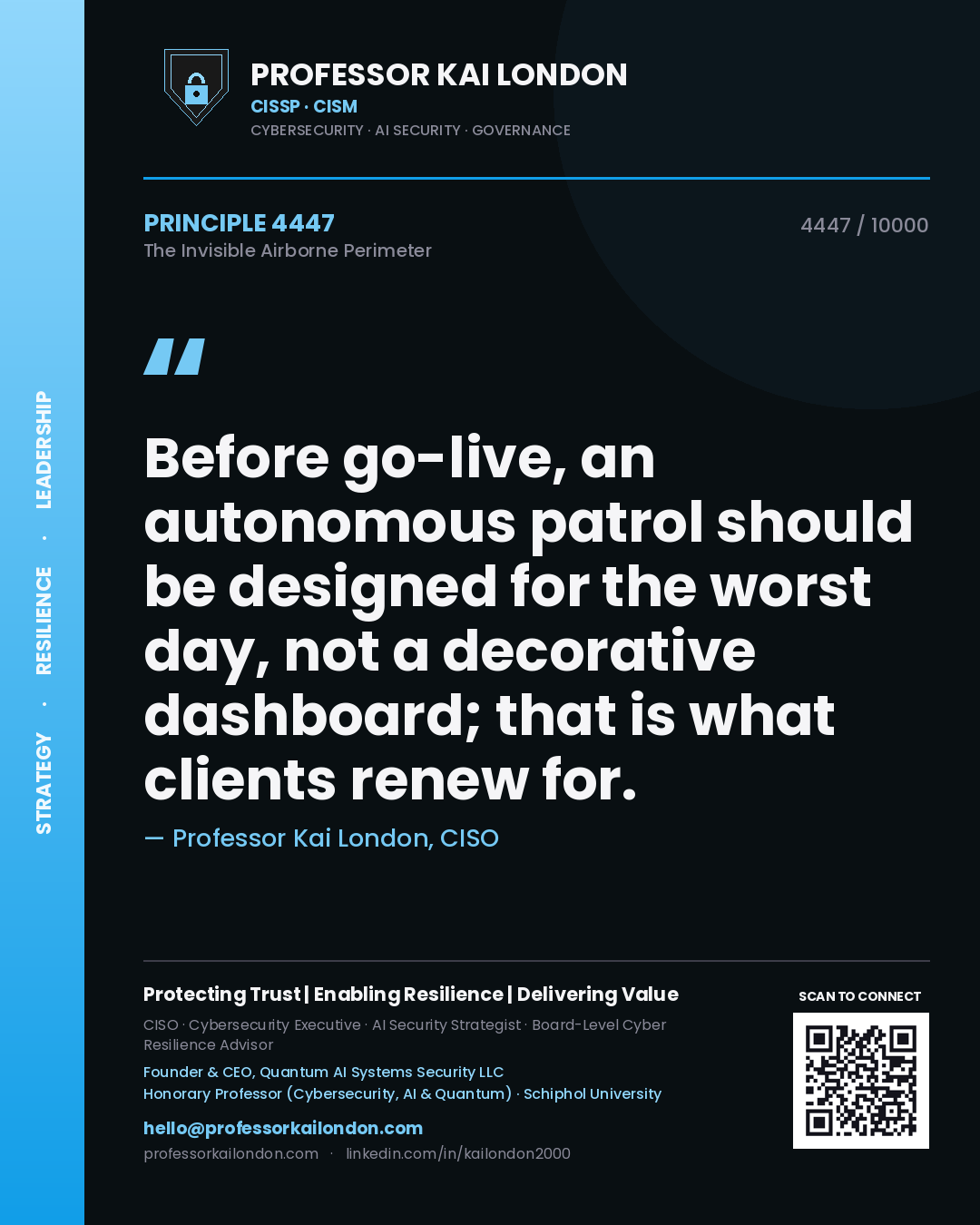 Quote card by Professor Kai London reading 'Before go-live, an autonomous patrol should be designed for the worst day, not a decorative dashboard; that is what clients renew for.'. From the book The Invisible Airborne Perimeter.