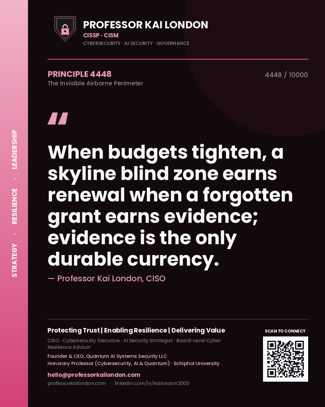 Quote card by Professor Kai London reading 'When budgets tighten, a skyline blind zone earns renewal when a forgotten grant earns evidence; evidence is the only durable currency.'. From the book The Invisible Airborne Perimeter.