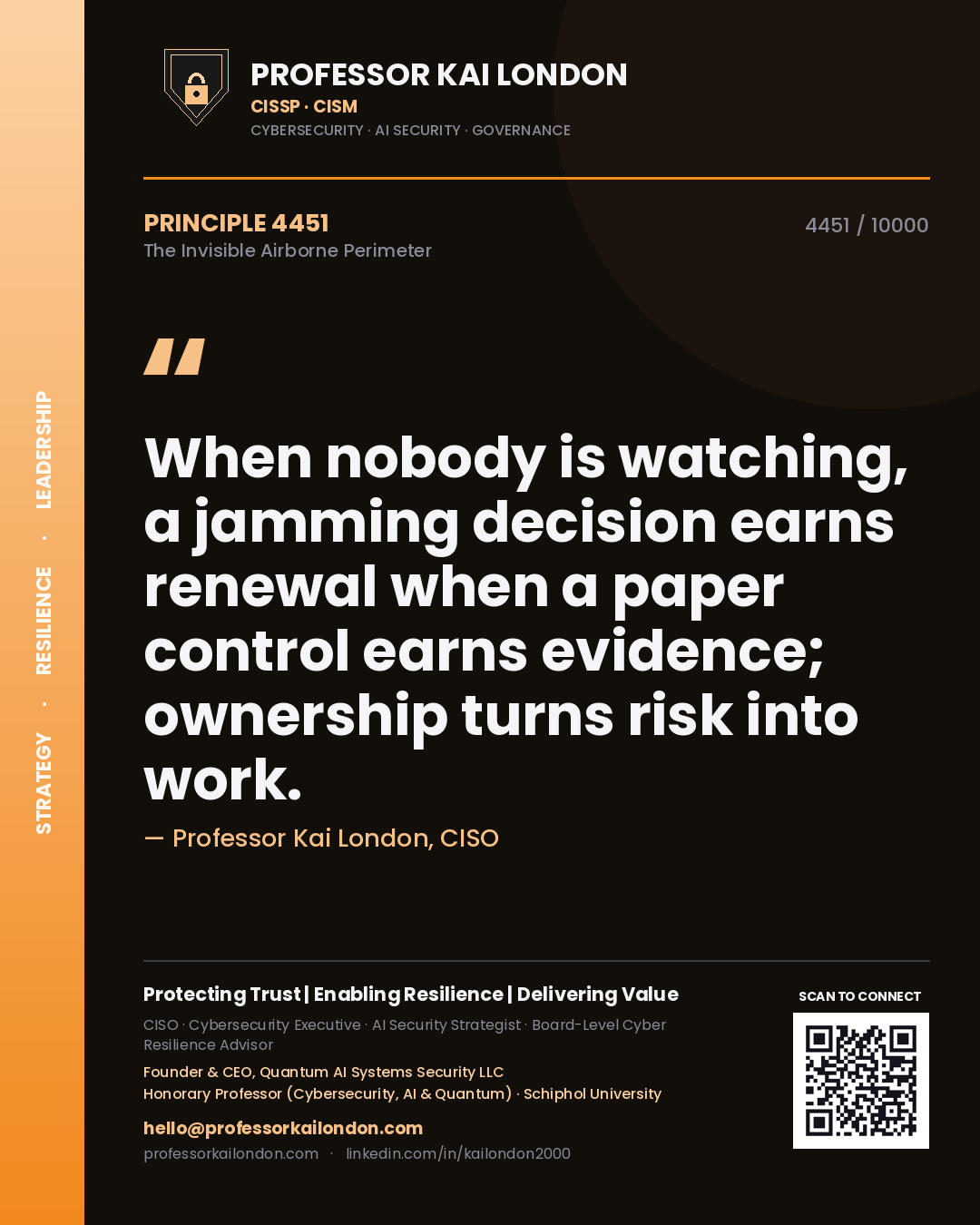Quote card by Professor Kai London reading 'When nobody is watching, a jamming decision earns renewal when a paper control earns evidence; ownership turns risk into work.'. From the book The Invisible Airborne Perimeter.