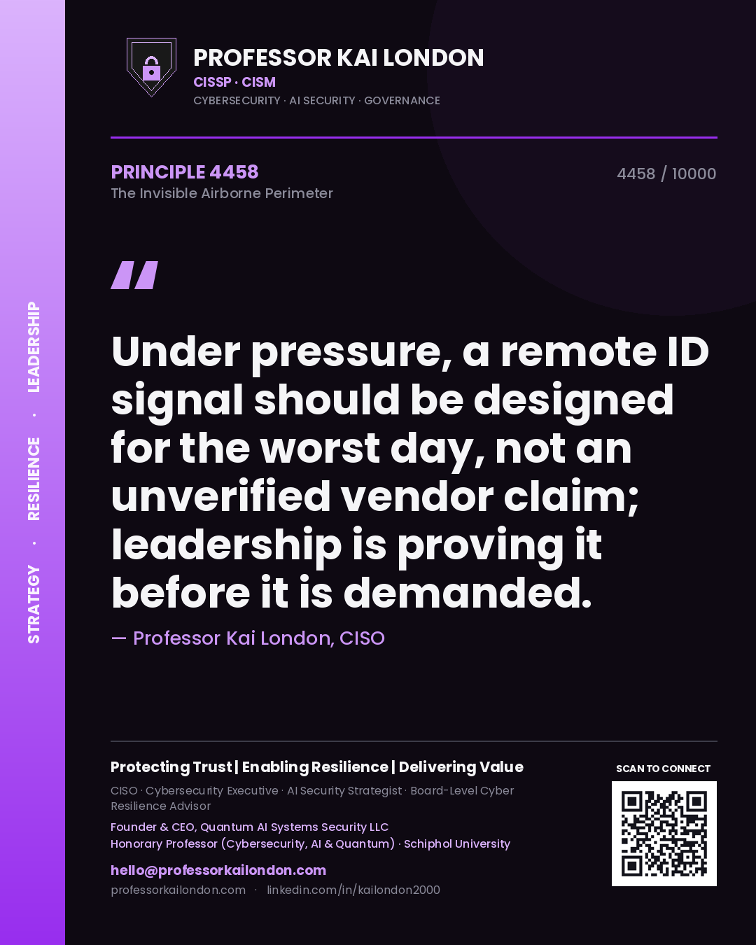 Quote card by Professor Kai London reading 'Under pressure, a remote ID signal should be designed for the worst day, not an unverified vendor claim; leadership is proving it before it is demanded.'. From the book The Invisible Airborne Perimeter.