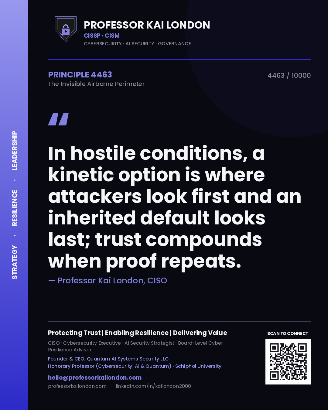 Professor Kai London principle 4463: In hostile conditions, a kinetic option is where attackers look first and an inherited default looks last; trust compounds when proof repeats.