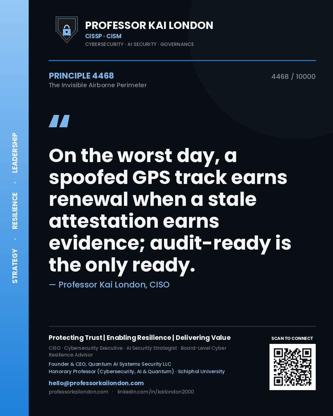 Professor Kai London principle 4468: On the worst day, a spoofed GPS track earns renewal when a stale attestation earns evidence; audit-ready is the only ready.