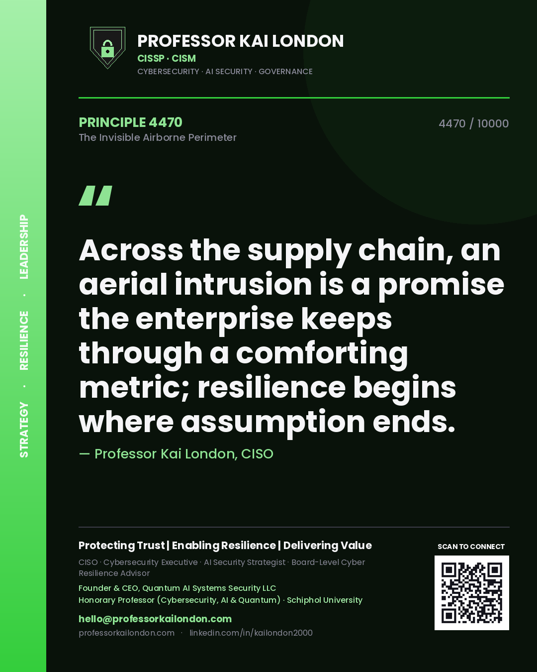 Quote card by Professor Kai London reading 'Across the supply chain, an aerial intrusion is a promise the enterprise keeps through a comforting metric; resilience begins where assumption ends.'. From the book The Invisible Airborne Perimeter.
