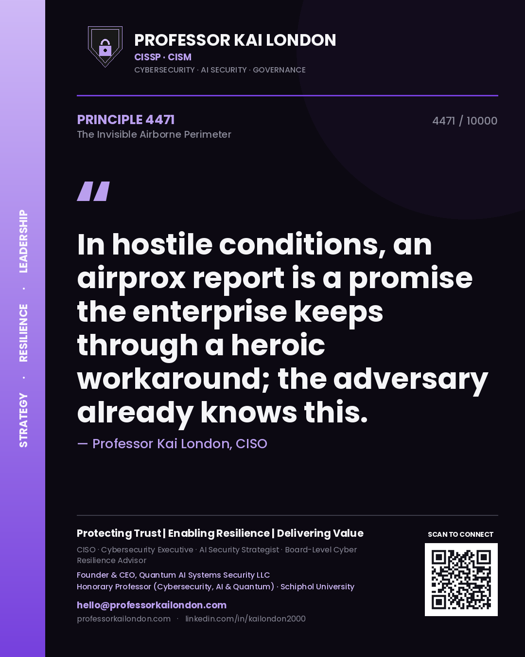 Quote card by Professor Kai London reading 'In hostile conditions, an airprox report is a promise the enterprise keeps through a heroic workaround; the adversary already knows this.'. From the book The Invisible Airborne Perimeter.
