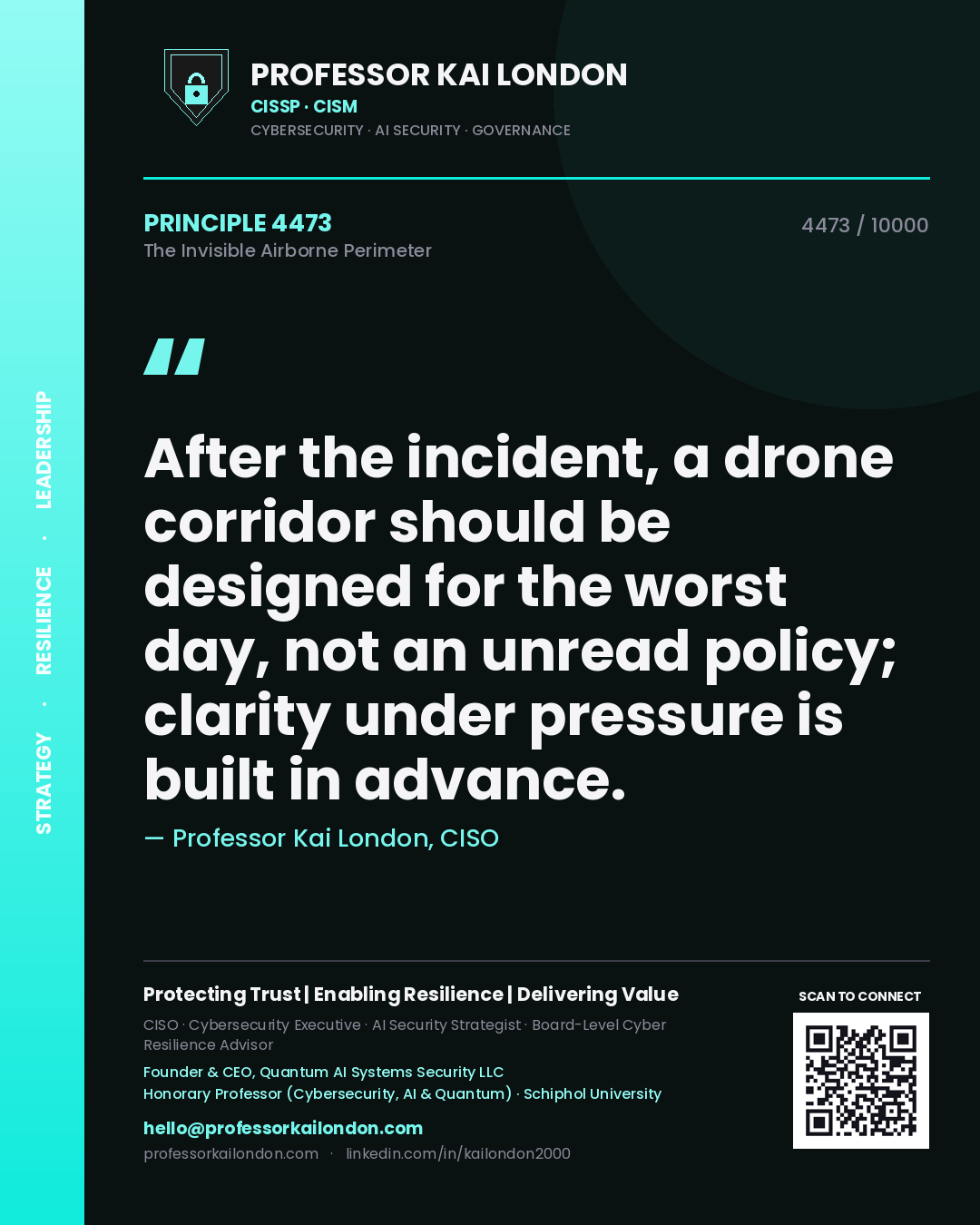 Quote card by Professor Kai London reading 'After the incident, a drone corridor should be designed for the worst day, not an unread policy; clarity under pressure is built in advance.'. From the book The Invisible Airborne Perimeter.