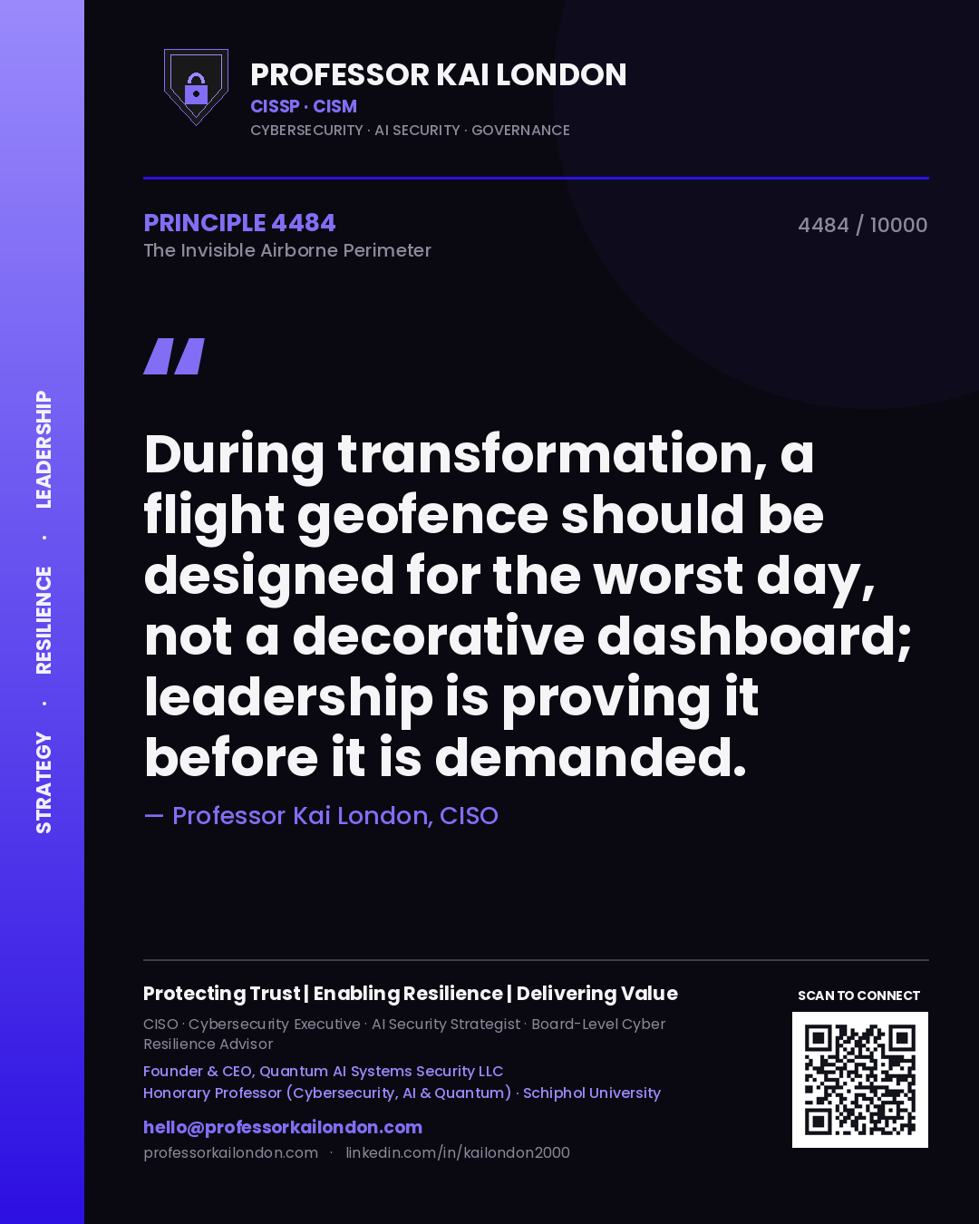 Professor Kai London principle 4484: During transformation, a flight geofence should be designed for the worst day, not a decorative dashboard; leadership is proving it before it is demanded.