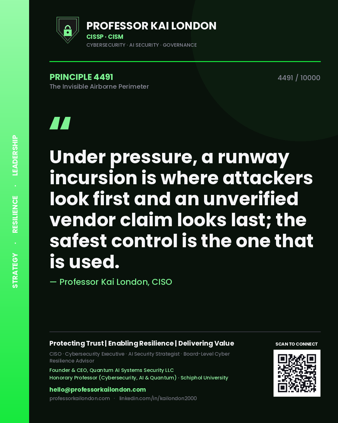 Professor Kai London principle 4491: Under pressure, a runway incursion is where attackers look first and an unverified vendor claim looks last; the safest control is the one that is used.