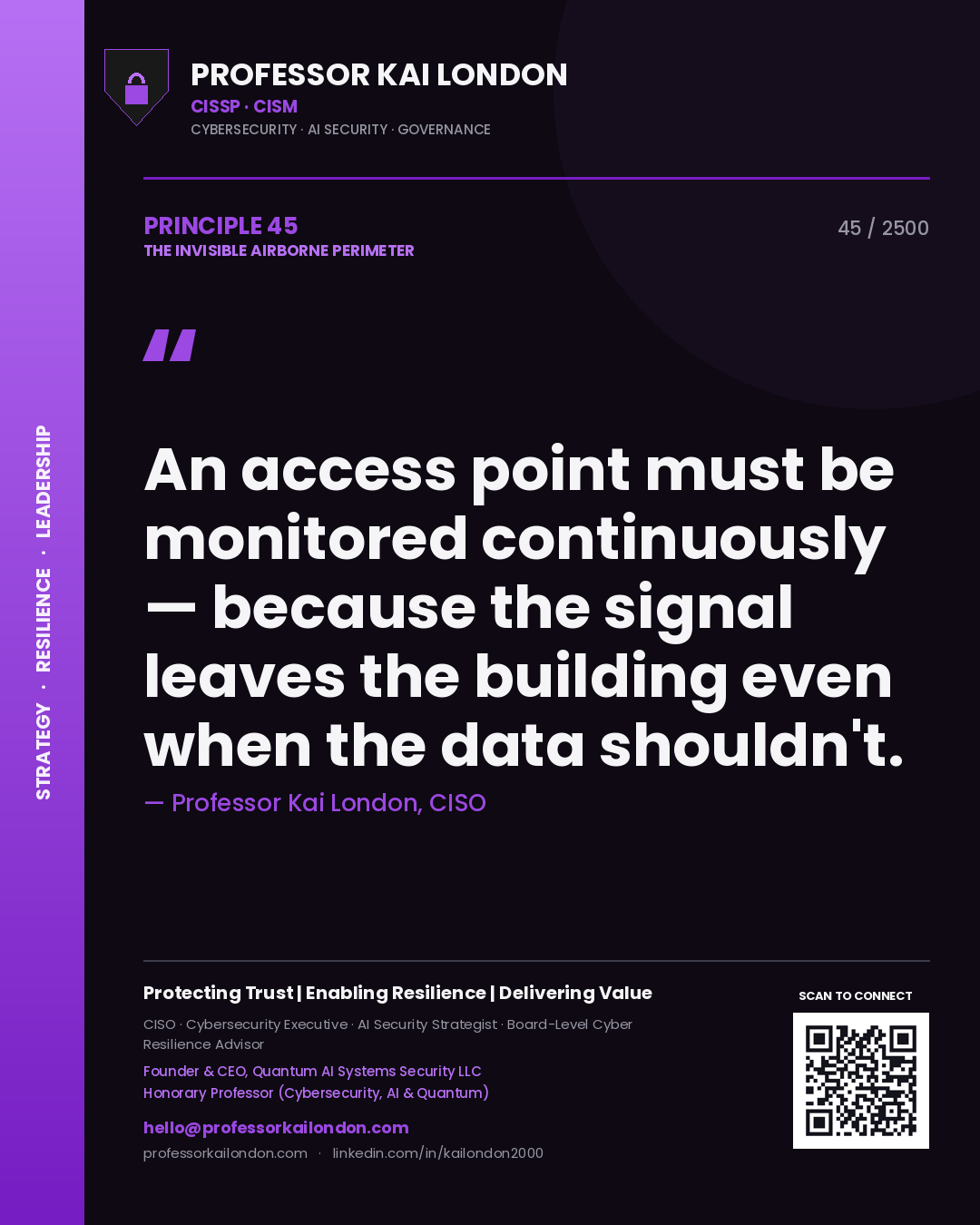 Professor Kai London principle 45: An access point must be monitored continuously — because the signal leaves the building even when the data shouldn't.