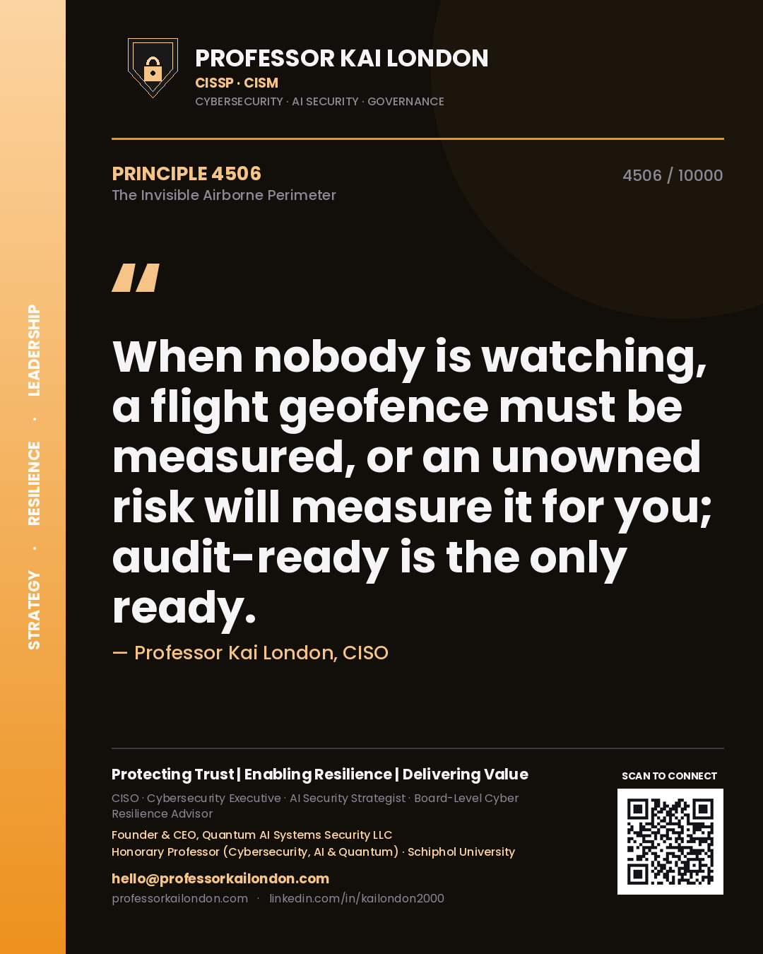 Quote card by Professor Kai London reading 'When nobody is watching, a flight geofence must be measured, or an unowned risk will measure it for you; audit-ready is the only ready.'. From the book The Invisible Airborne Perimeter.