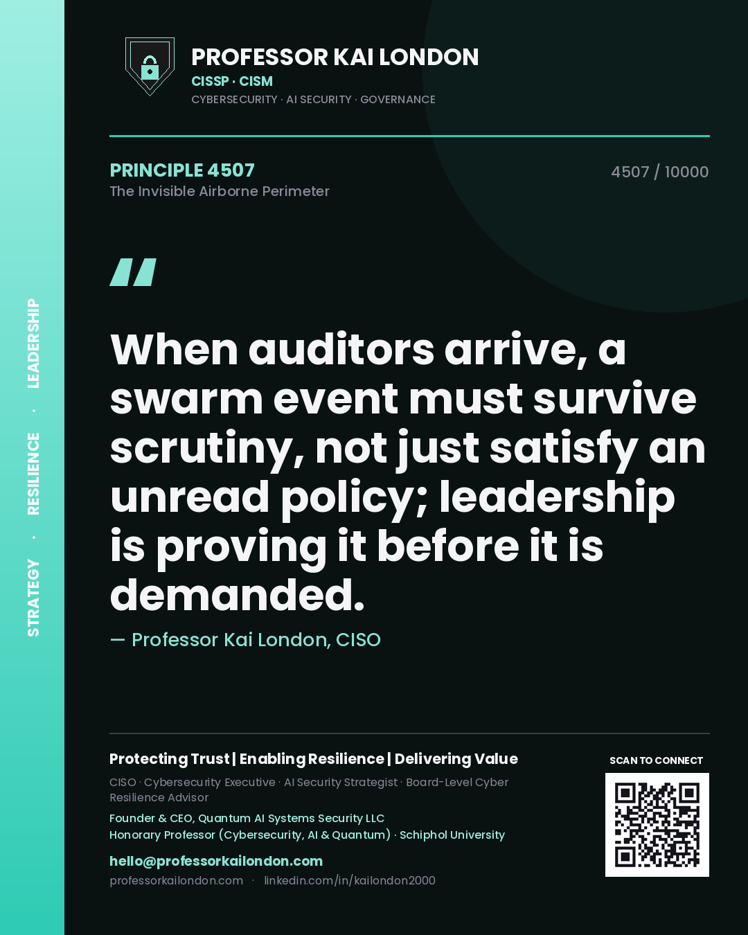 Professor Kai London principle 4507: When auditors arrive, a swarm event must survive scrutiny, not just satisfy an unread policy; leadership is proving it before it is demanded.