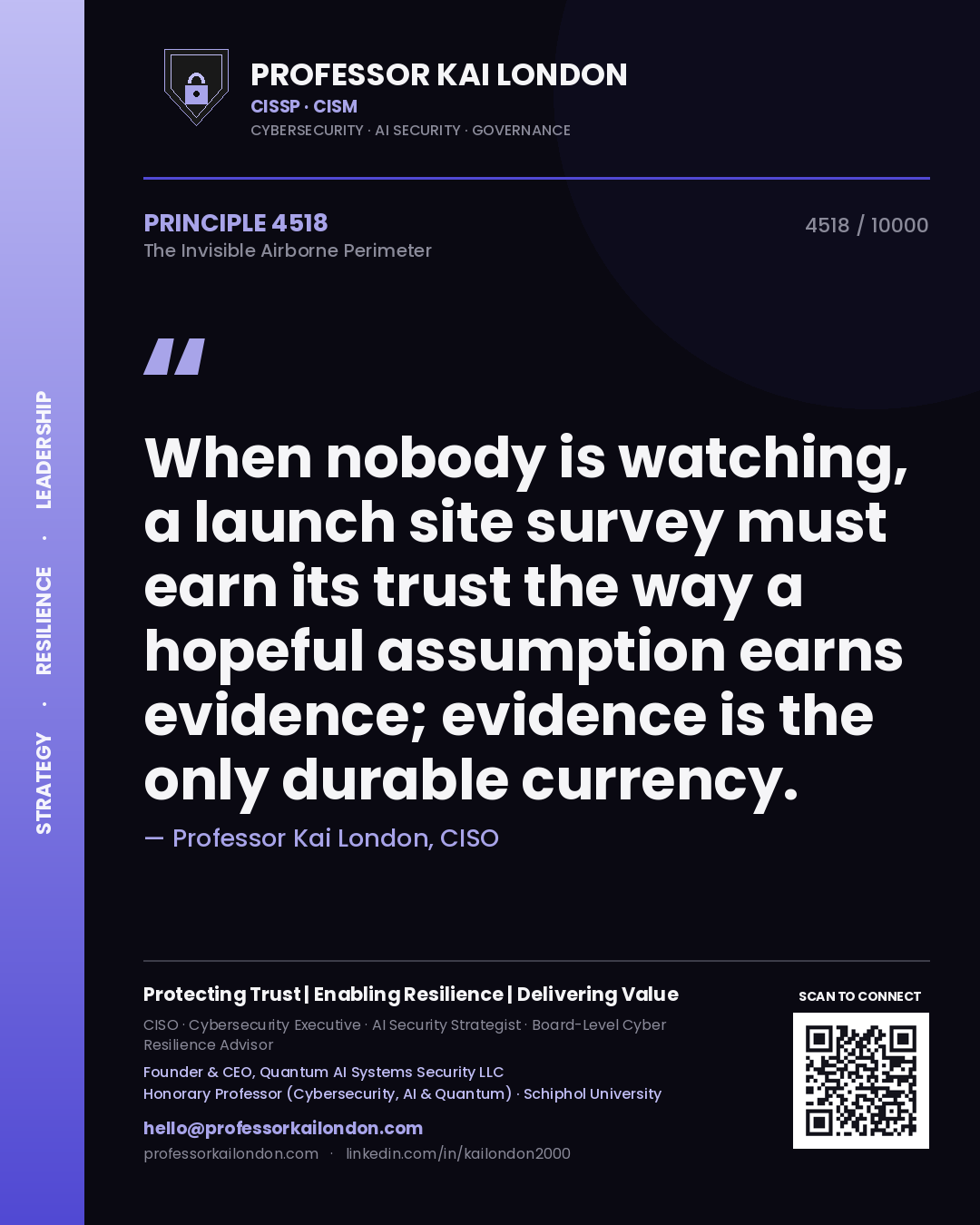 Quote card by Professor Kai London reading 'When nobody is watching, a launch site survey must earn its trust the way a hopeful assumption earns evidence; evidence is the only durable currency.'. From the book The Invisible Airborne Perimeter.