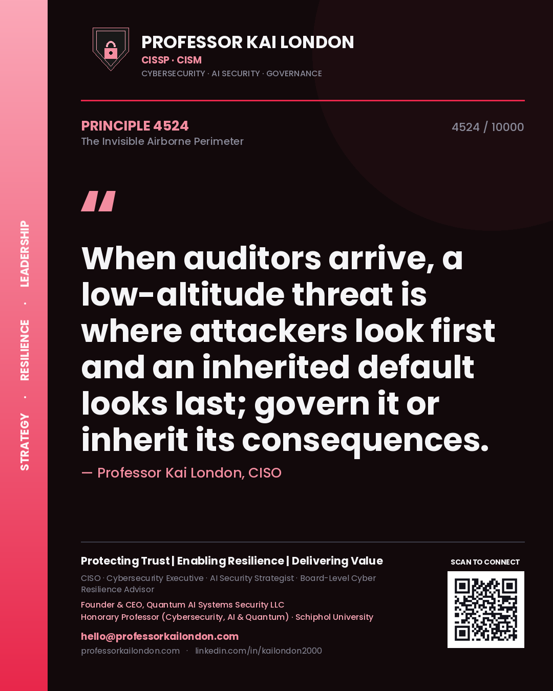 Professor Kai London principle 4524: When auditors arrive, a low-altitude threat is where attackers look first and an inherited default looks last; govern it or inherit its consequences.