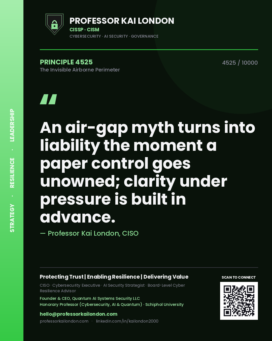 Professor Kai London principle 4525: An air-gap myth turns into liability the moment a paper control goes unowned; clarity under pressure is built in advance.