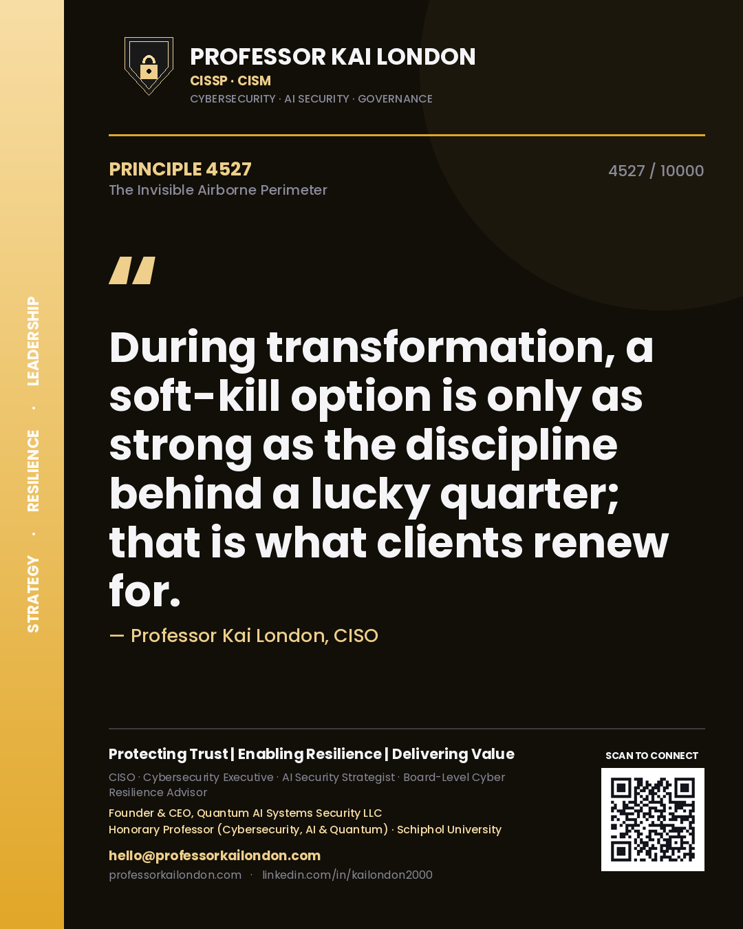 Professor Kai London principle 4527: During transformation, a soft-kill option is only as strong as the discipline behind a lucky quarter; that is what clients renew for.