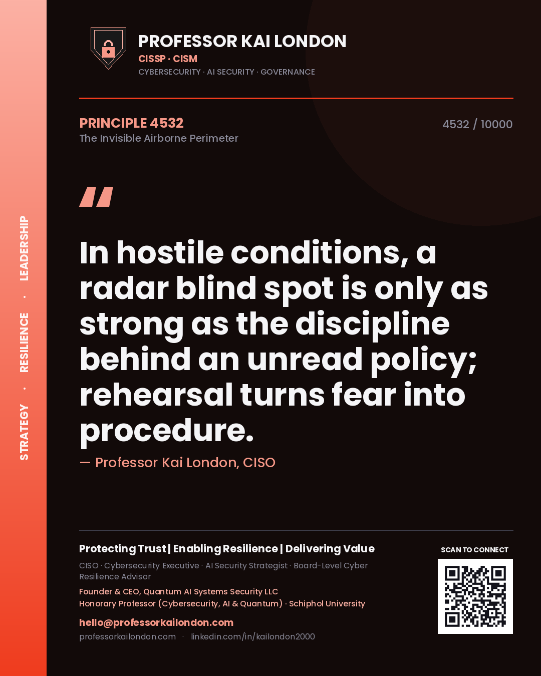 Quote card by Professor Kai London reading 'In hostile conditions, a radar blind spot is only as strong as the discipline behind an unread policy; rehearsal turns fear into procedure.'. From the book The Invisible Airborne Perimeter.