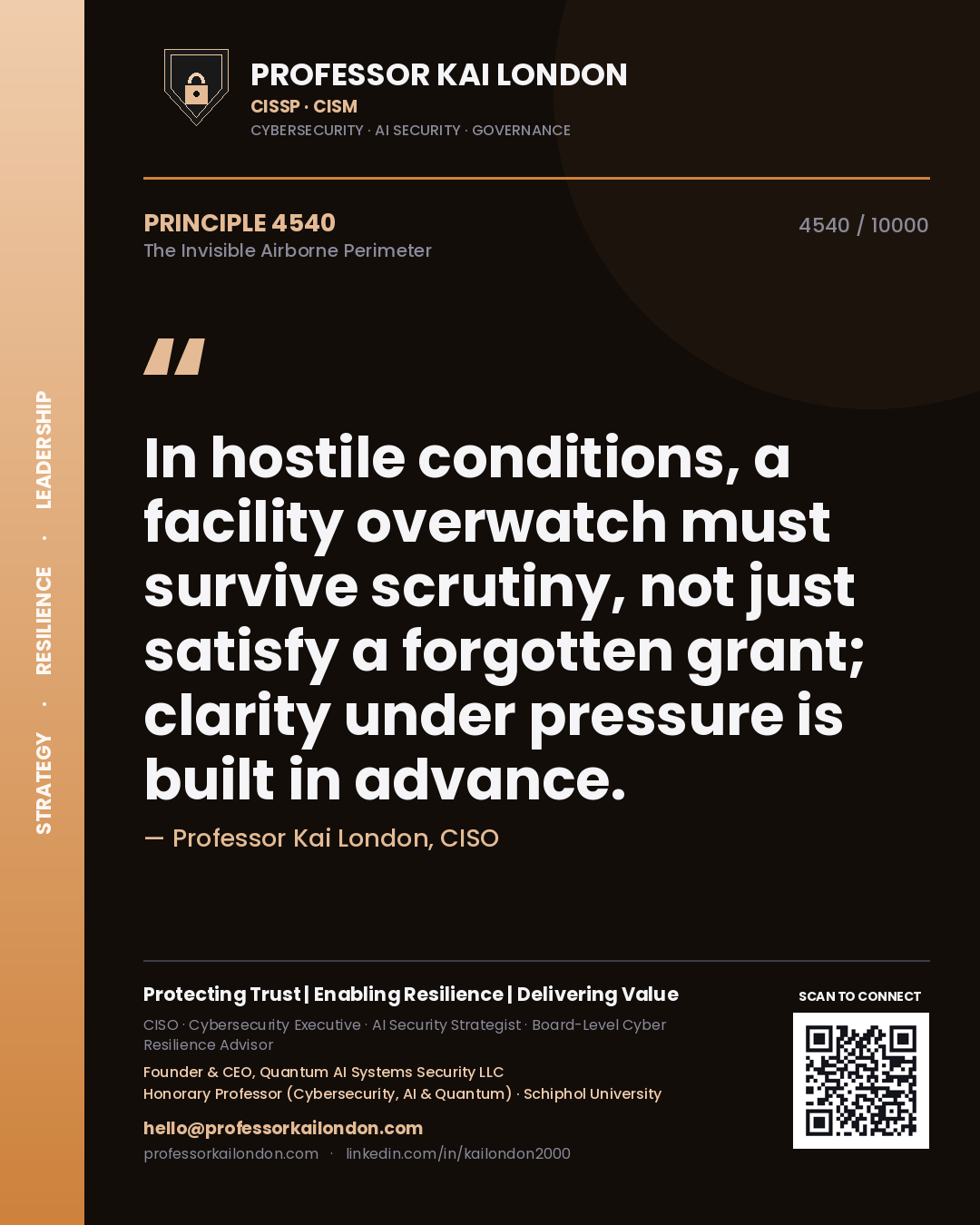Professor Kai London principle 4540: In hostile conditions, a facility overwatch must survive scrutiny, not just satisfy a forgotten grant; clarity under pressure is built in advance.