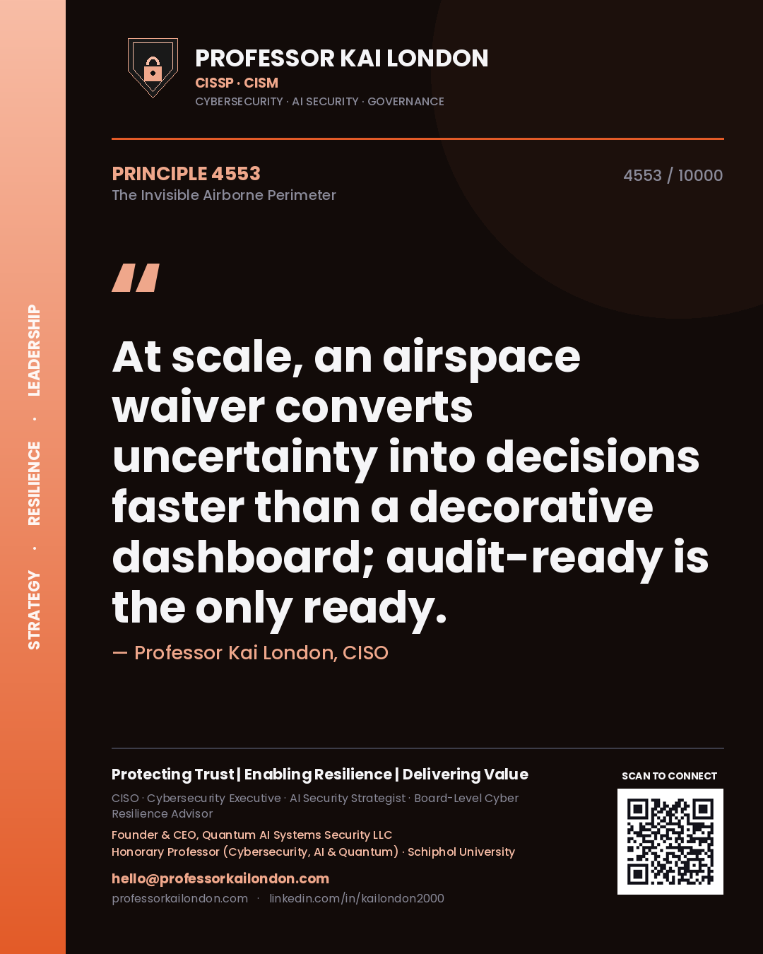 Quote card by Professor Kai London reading 'At scale, an airspace waiver converts uncertainty into decisions faster than a decorative dashboard; audit-ready is the only ready.'. From the book The Invisible Airborne Perimeter.