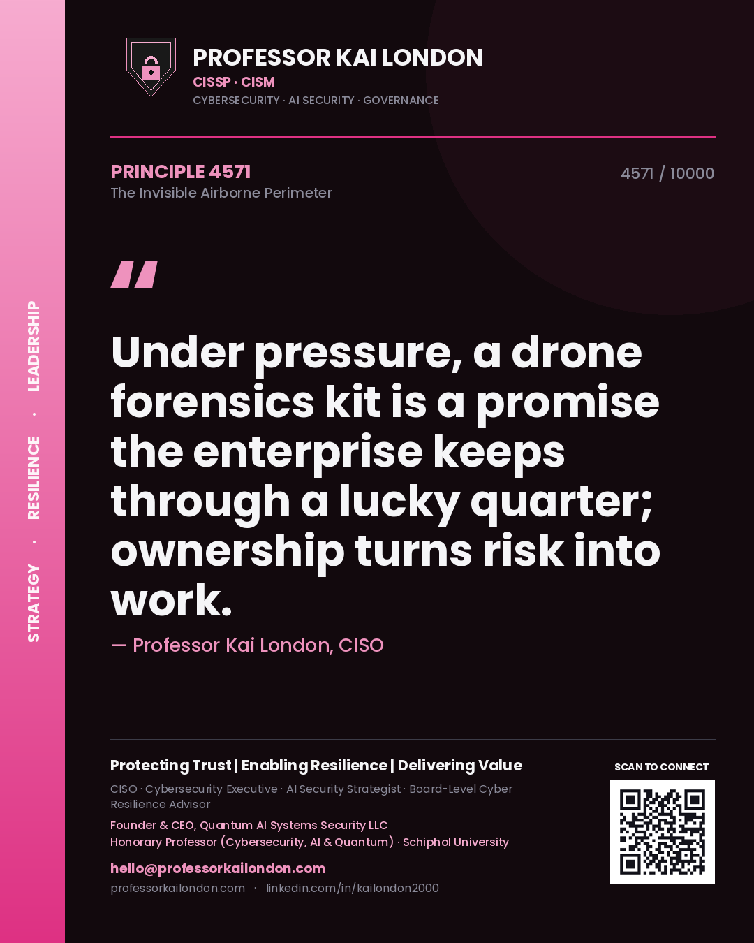 Professor Kai London principle 4571: Under pressure, a drone forensics kit is a promise the enterprise keeps through a lucky quarter; ownership turns risk into work.