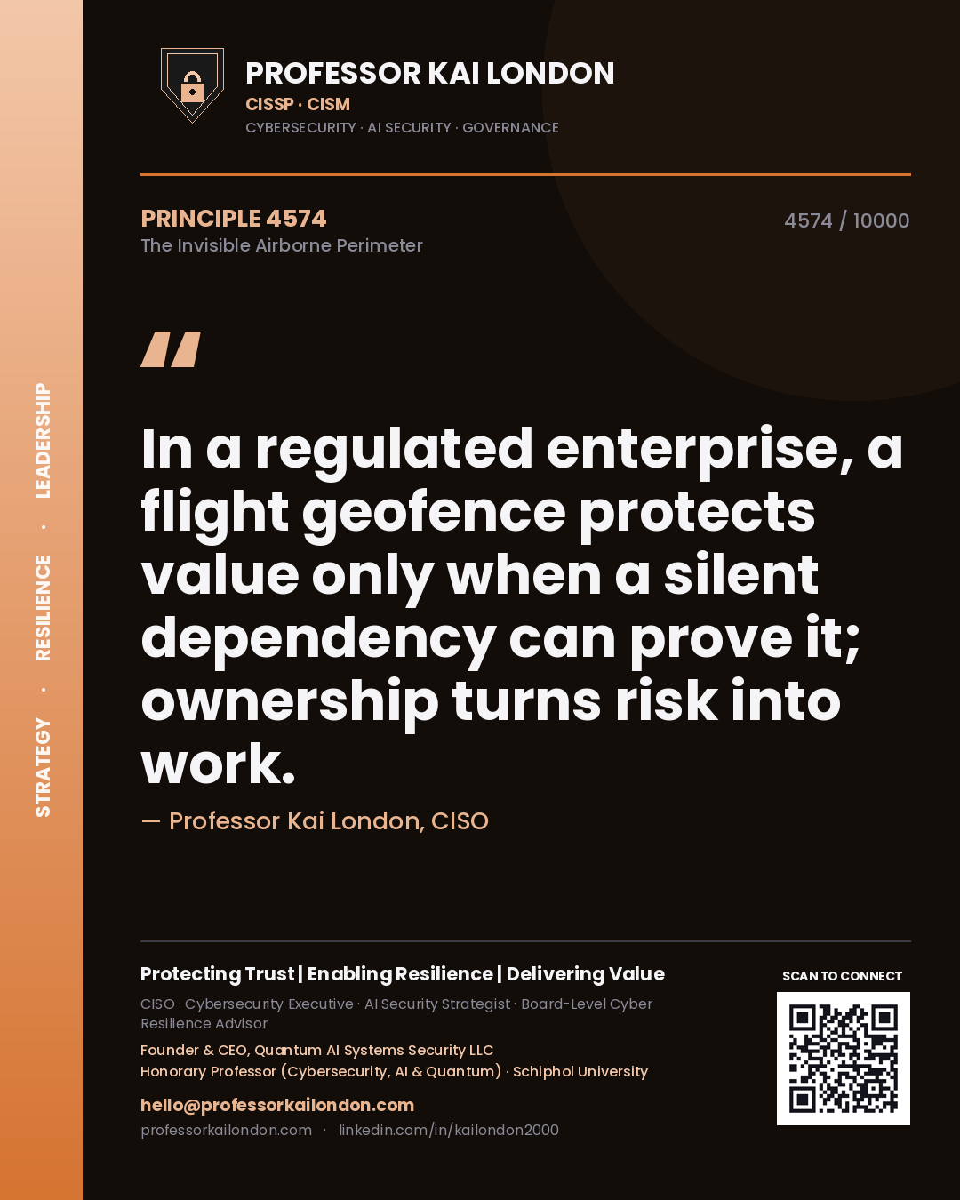 Professor Kai London principle 4574: In a regulated enterprise, a flight geofence protects value only when a silent dependency can prove it; ownership turns risk into work.