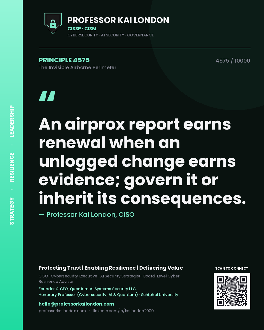 Quote card by Professor Kai London reading 'An airprox report earns renewal when an unlogged change earns evidence; govern it or inherit its consequences.'. From the book The Invisible Airborne Perimeter.