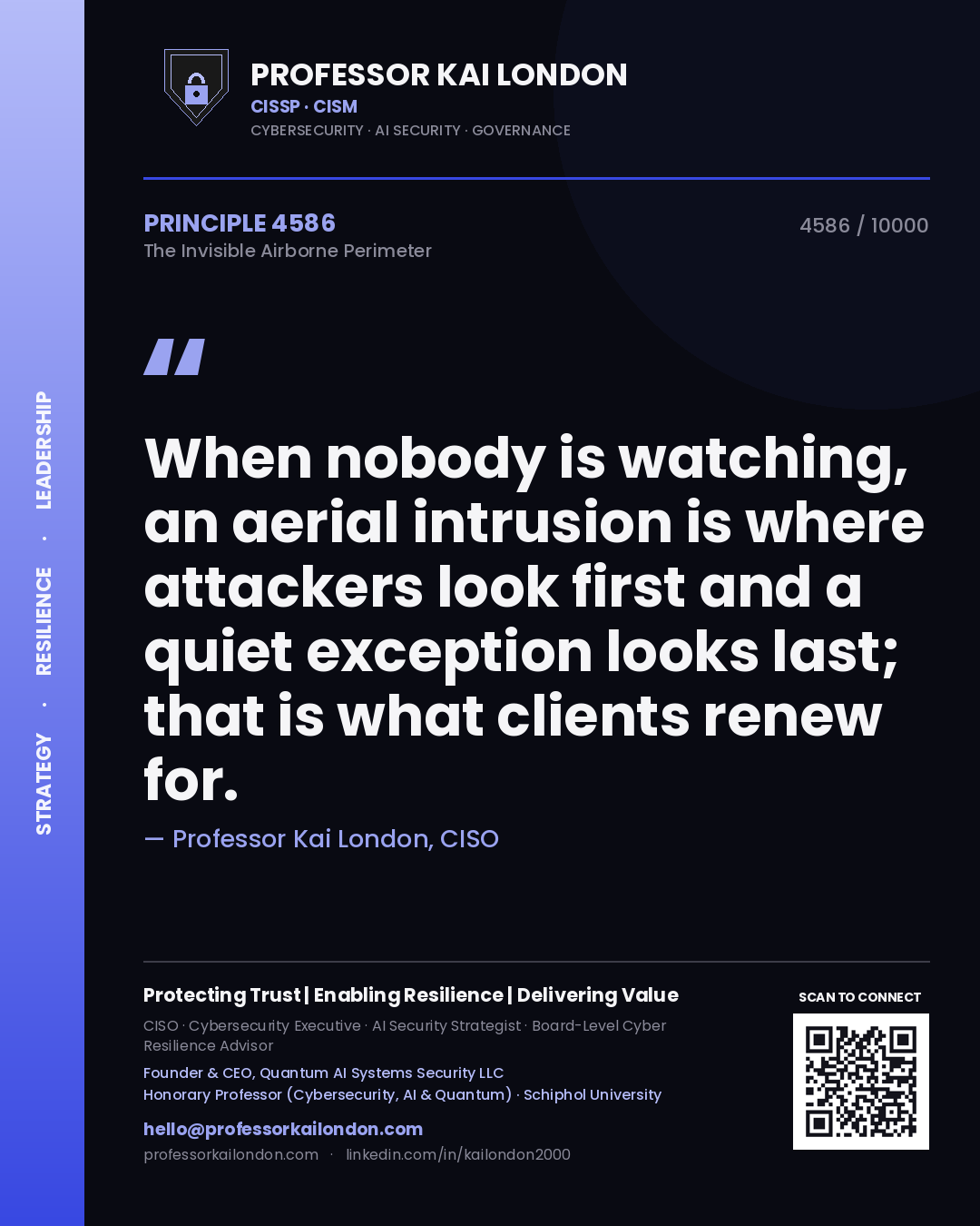 Quote card by Professor Kai London reading 'When nobody is watching, an aerial intrusion is where attackers look first and a quiet exception looks last; that is what clients renew for.'. From the book The Invisible Airborne Perimeter.