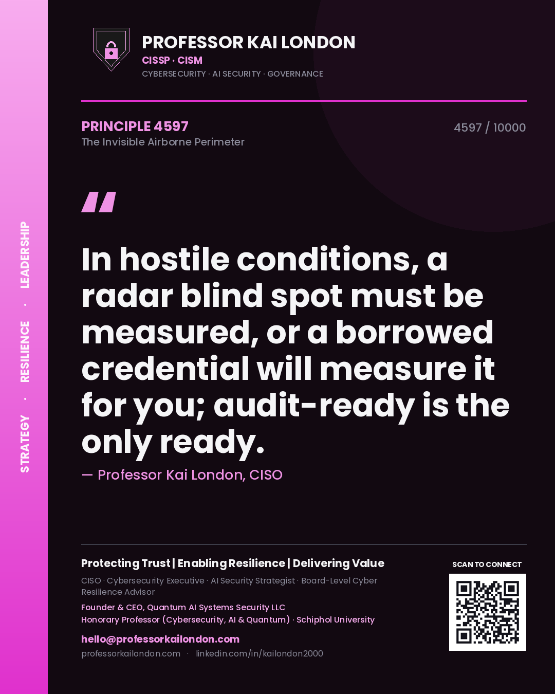 Quote card by Professor Kai London reading 'In hostile conditions, a radar blind spot must be measured, or a borrowed credential will measure it for you; audit-ready is the only ready.'. From the book The Invisible Airborne Perimeter.