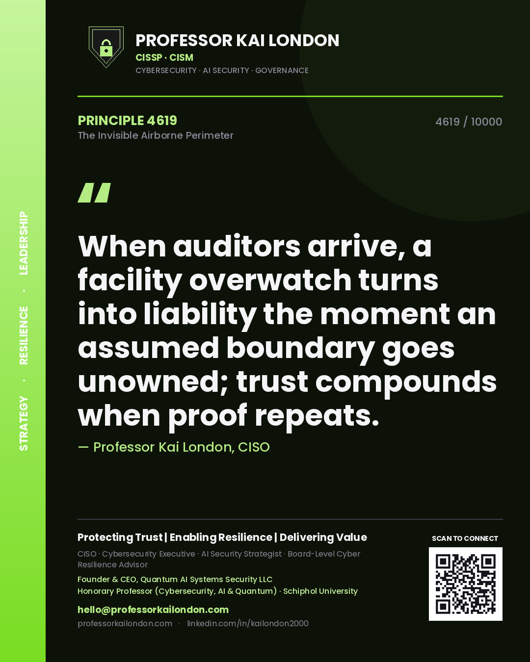 Professor Kai London principle 4619: When auditors arrive, a facility overwatch turns into liability the moment an assumed boundary goes unowned; trust compounds when proof repeats.