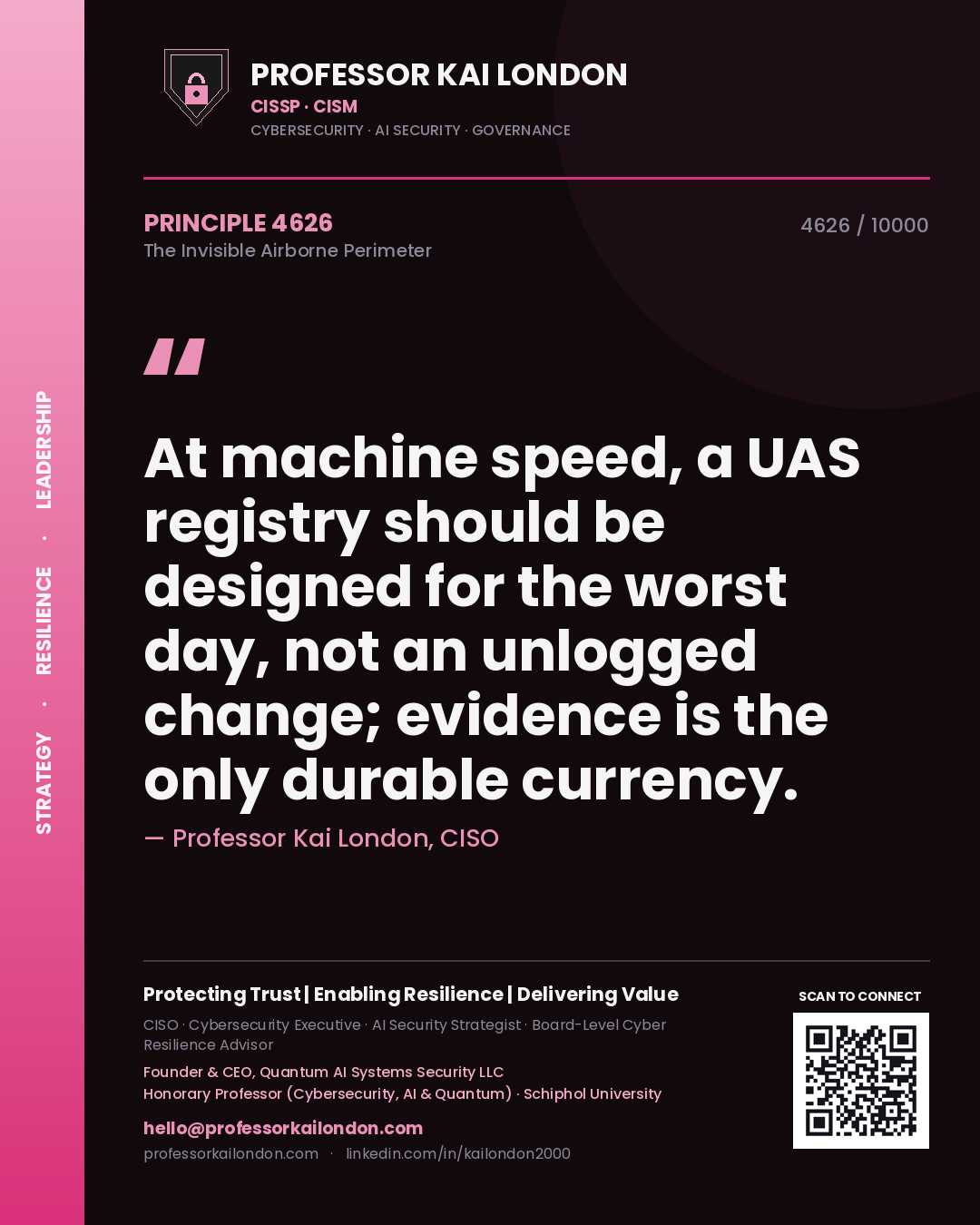 Professor Kai London principle 4626: At machine speed, a UAS registry should be designed for the worst day, not an unlogged change; evidence is the only durable currency.
