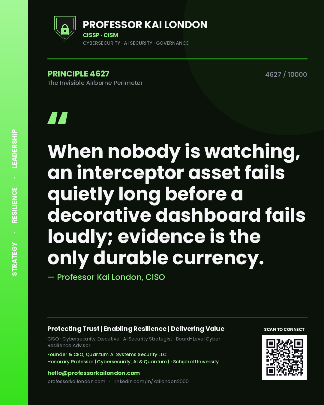 Professor Kai London principle 4627: When nobody is watching, an interceptor asset fails quietly long before a decorative dashboard fails loudly; evidence is the only durable currency.
