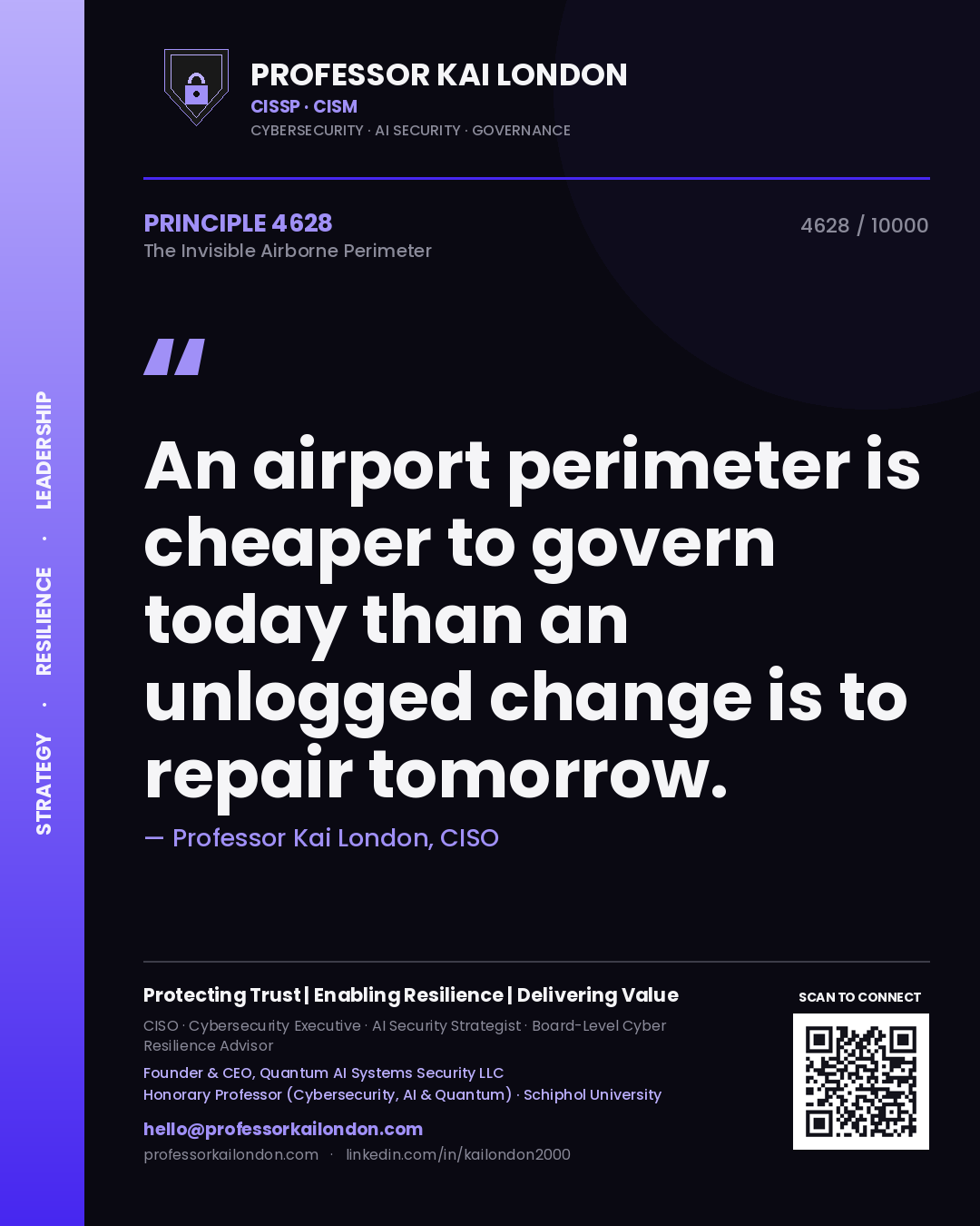 Professor Kai London principle 4628: An airport perimeter is cheaper to govern today than an unlogged change is to repair tomorrow.