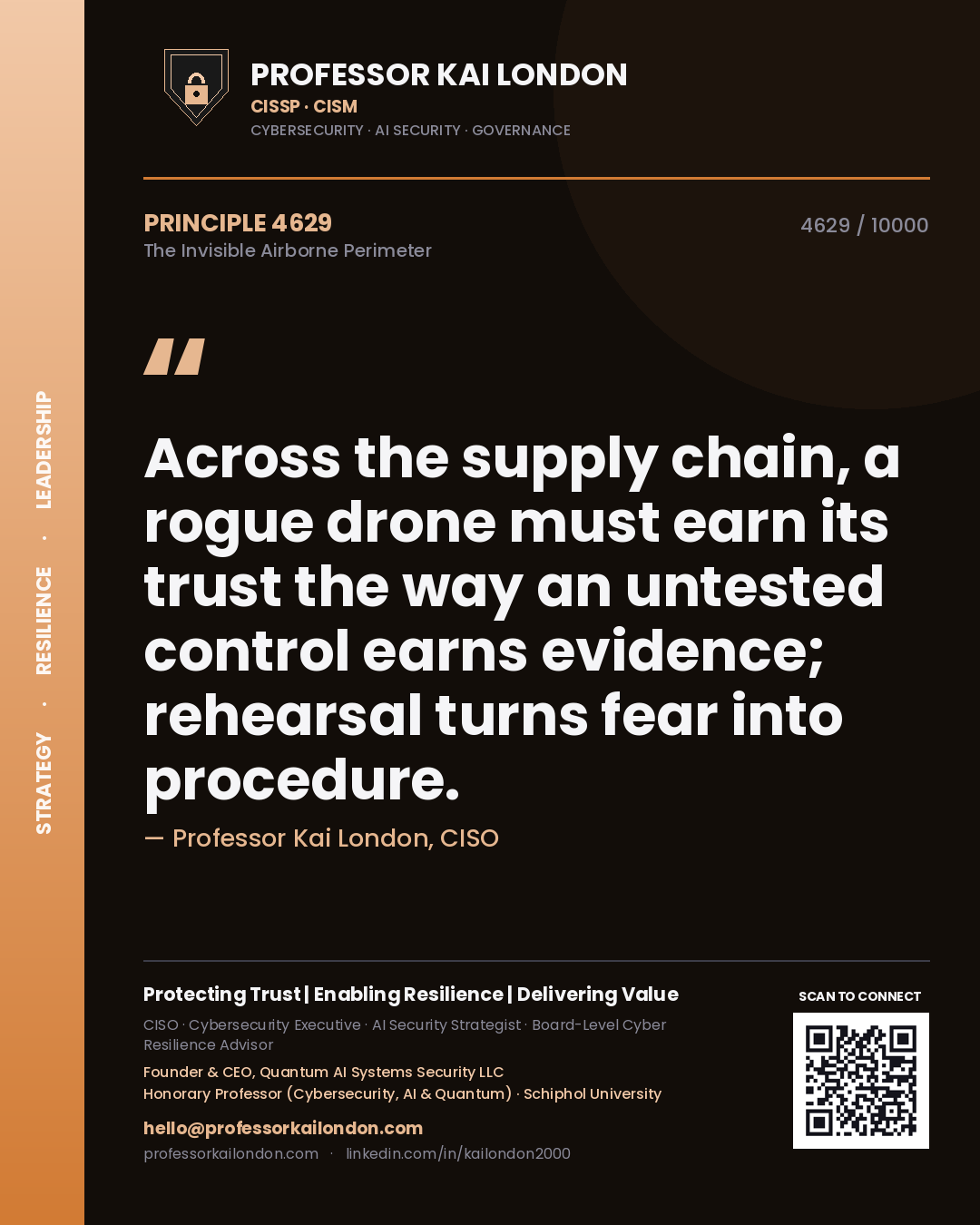 Quote card by Professor Kai London reading 'Across the supply chain, a rogue drone must earn its trust the way an untested control earns evidence; rehearsal turns fear into procedure.'. From the book The Invisible Airborne Perimeter.