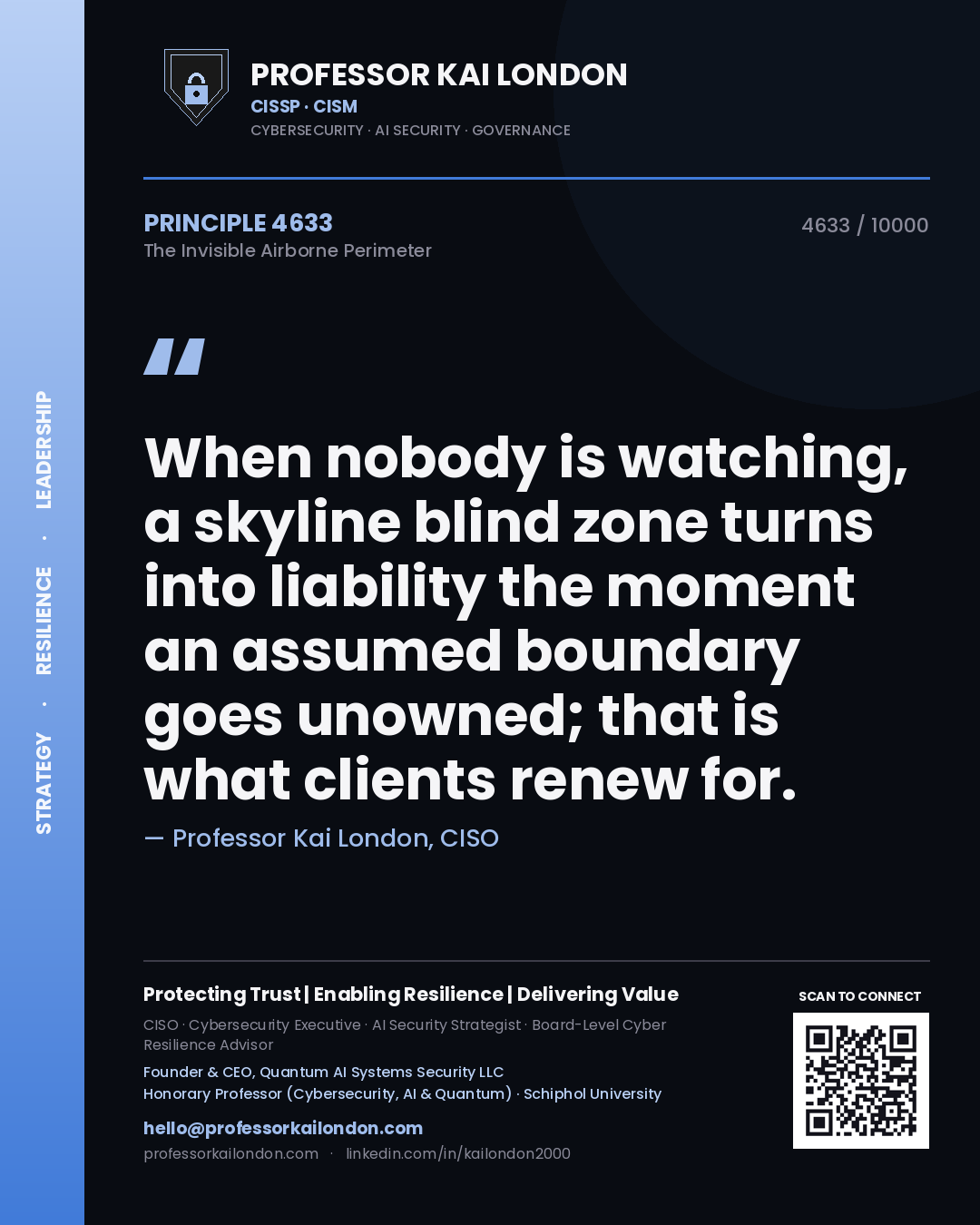 Professor Kai London principle 4633: When nobody is watching, a skyline blind zone turns into liability the moment an assumed boundary goes unowned; that is what clients renew for.