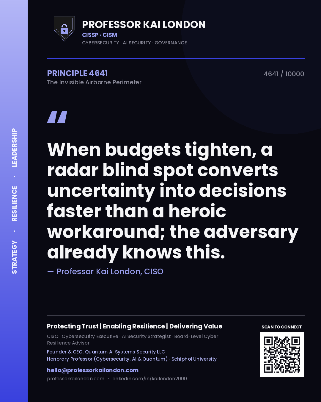 Professor Kai London principle 4641: When budgets tighten, a radar blind spot converts uncertainty into decisions faster than a heroic workaround; the adversary already knows this.