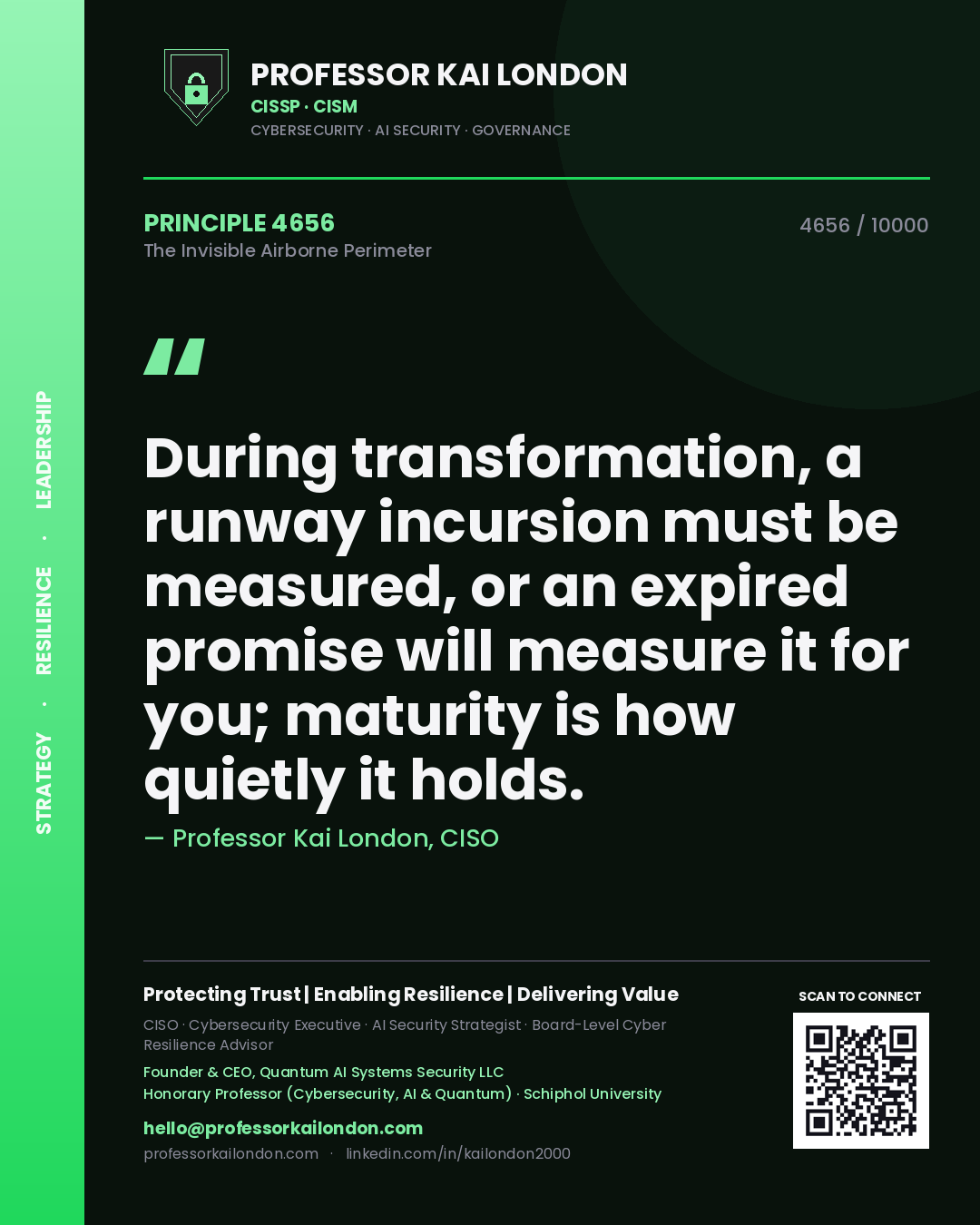 Professor Kai London principle 4656: During transformation, a runway incursion must be measured, or an expired promise will measure it for you; maturity is how quietly it holds.