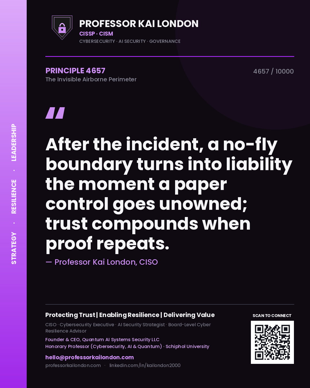 Quote card by Professor Kai London reading 'After the incident, a no-fly boundary turns into liability the moment a paper control goes unowned; trust compounds when proof repeats.'. From the book The Invisible Airborne Perimeter.