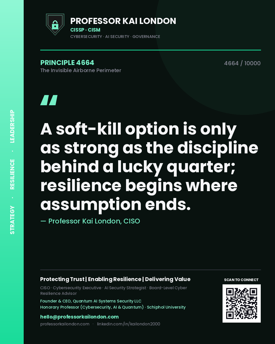 Quote card by Professor Kai London reading 'A soft-kill option is only as strong as the discipline behind a lucky quarter; resilience begins where assumption ends.'. From the book The Invisible Airborne Perimeter.
