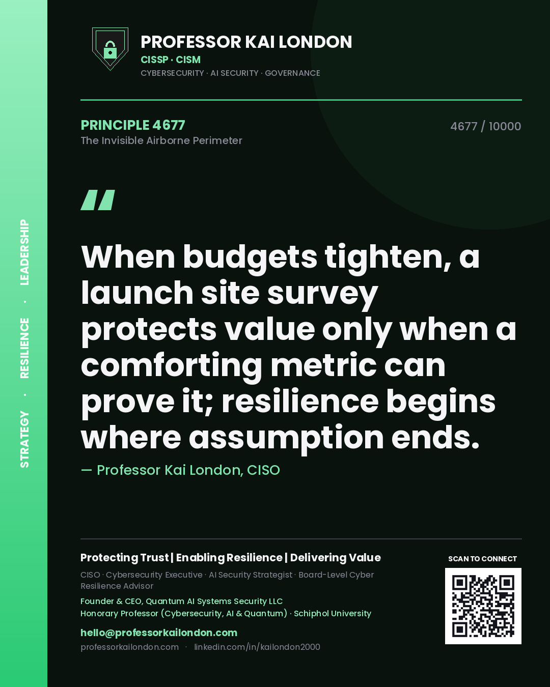 Quote card by Professor Kai London reading 'When budgets tighten, a launch site survey protects value only when a comforting metric can prove it; resilience begins where assumption ends.'. From the book The Invisible Airborne Perimeter.