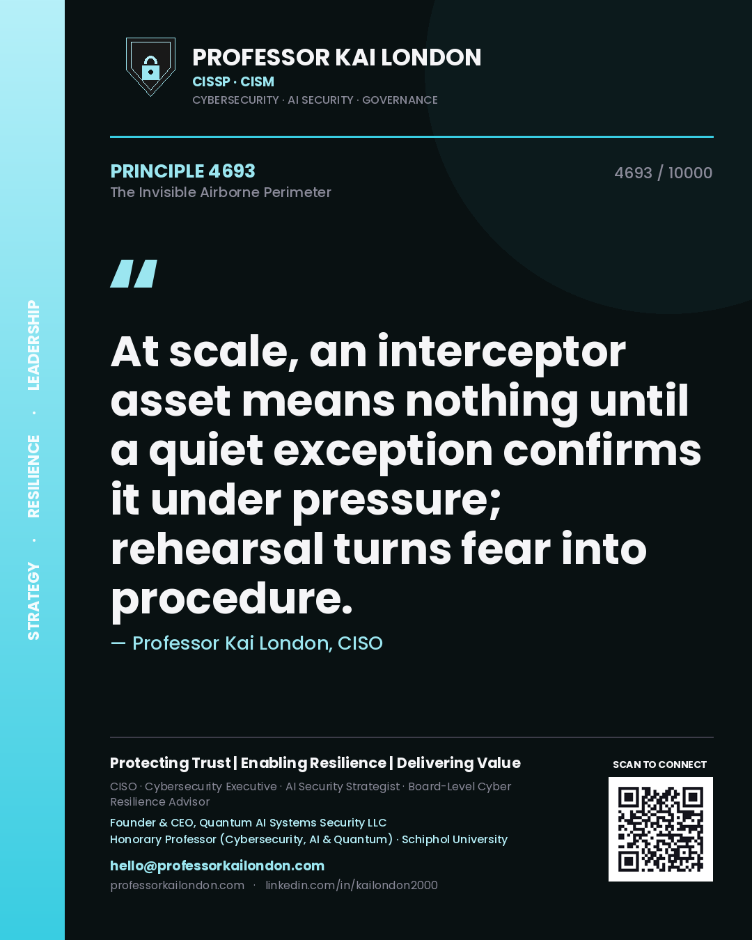 Professor Kai London principle 4693: At scale, an interceptor asset means nothing until a quiet exception confirms it under pressure; rehearsal turns fear into procedure.