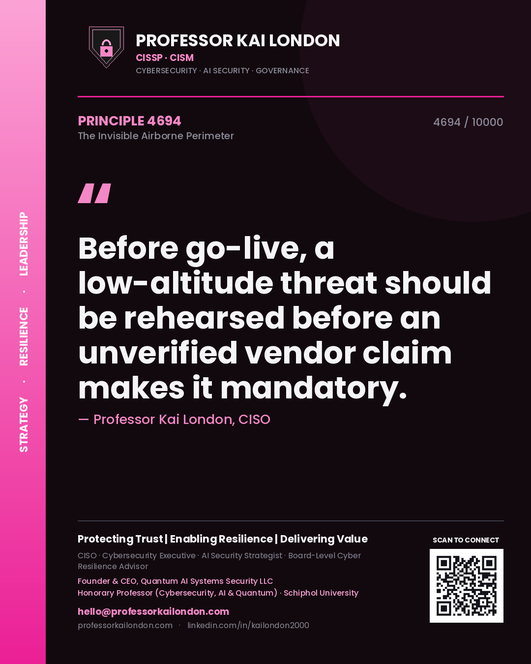 Professor Kai London principle 4694: Before go-live, a low-altitude threat should be rehearsed before an unverified vendor claim makes it mandatory.