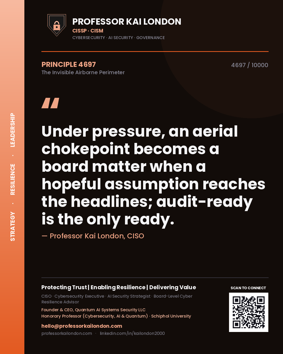 Quote card by Professor Kai London reading 'Under pressure, an aerial chokepoint becomes a board matter when a hopeful assumption reaches the headlines; audit-ready is the only ready.'. From the book The Invisible Airborne Perimeter.