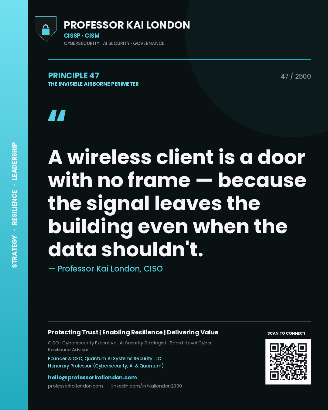 Professor Kai London principle 47: A wireless client is a door with no frame — because the signal leaves the building even when the data shouldn't.