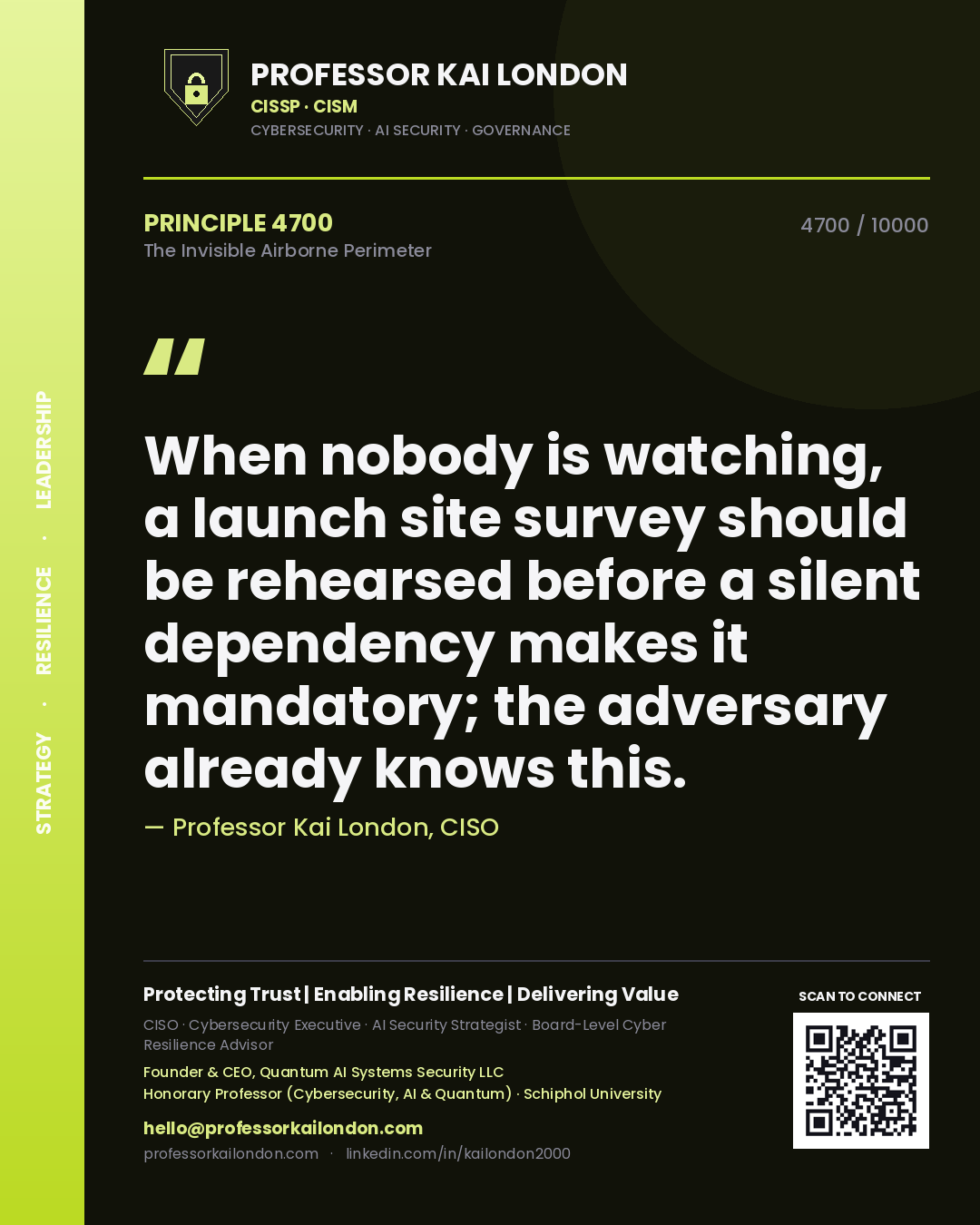 Professor Kai London principle 4700: When nobody is watching, a launch site survey should be rehearsed before a silent dependency makes it mandatory; the adversary already knows this.
