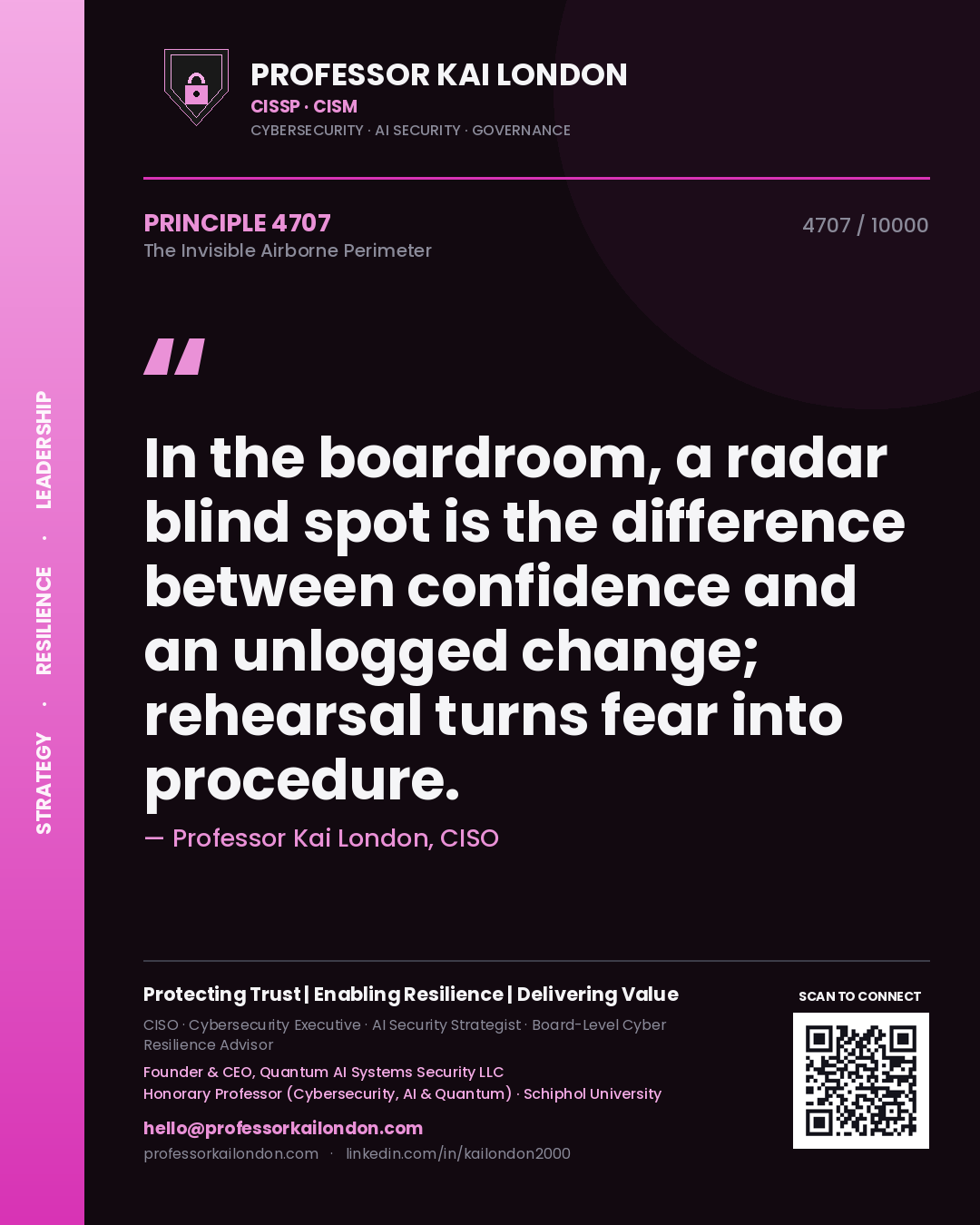 Quote card by Professor Kai London reading 'In the boardroom, a radar blind spot is the difference between confidence and an unlogged change; rehearsal turns fear into procedure.'. From the book The Invisible Airborne Perimeter.