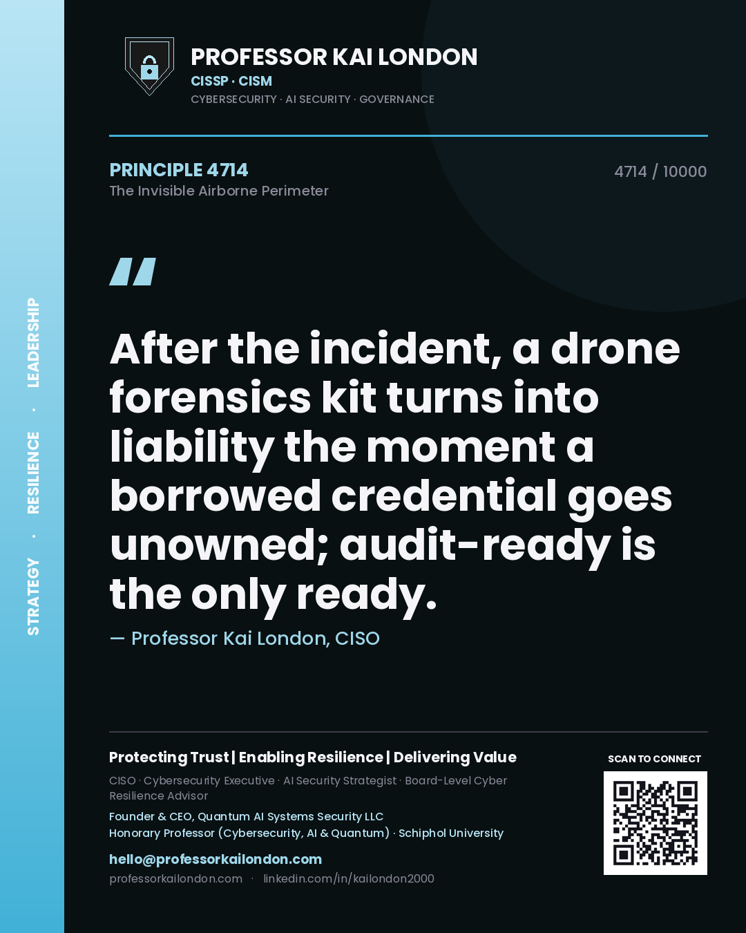 Professor Kai London principle 4714: After the incident, a drone forensics kit turns into liability the moment a borrowed credential goes unowned; audit-ready is the only ready.